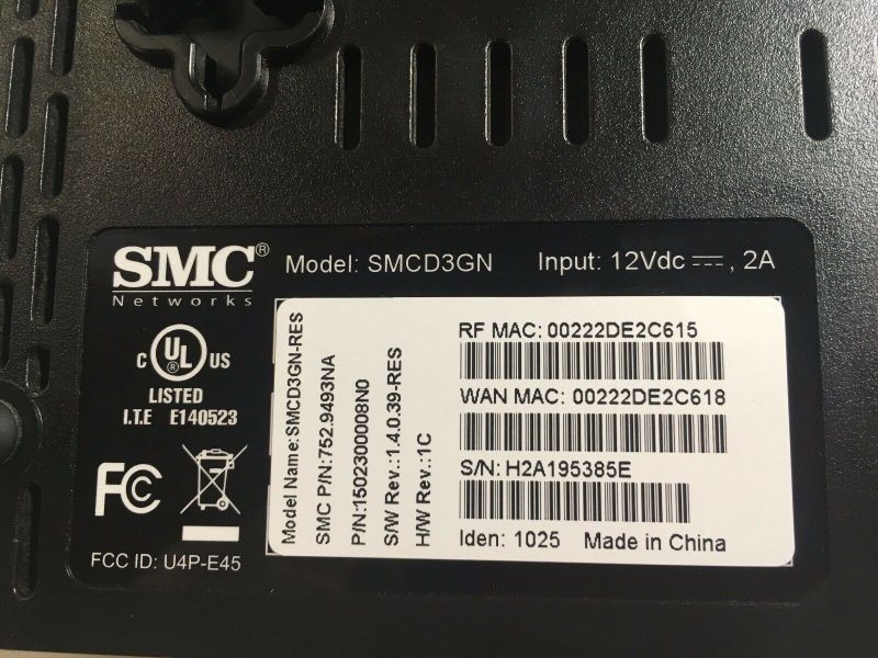 SMC SMCD3GN-RES DOCSIS 3.0 4-Port Gigabit Ethernet Wi-Fi Cable Modem w/ Adapter