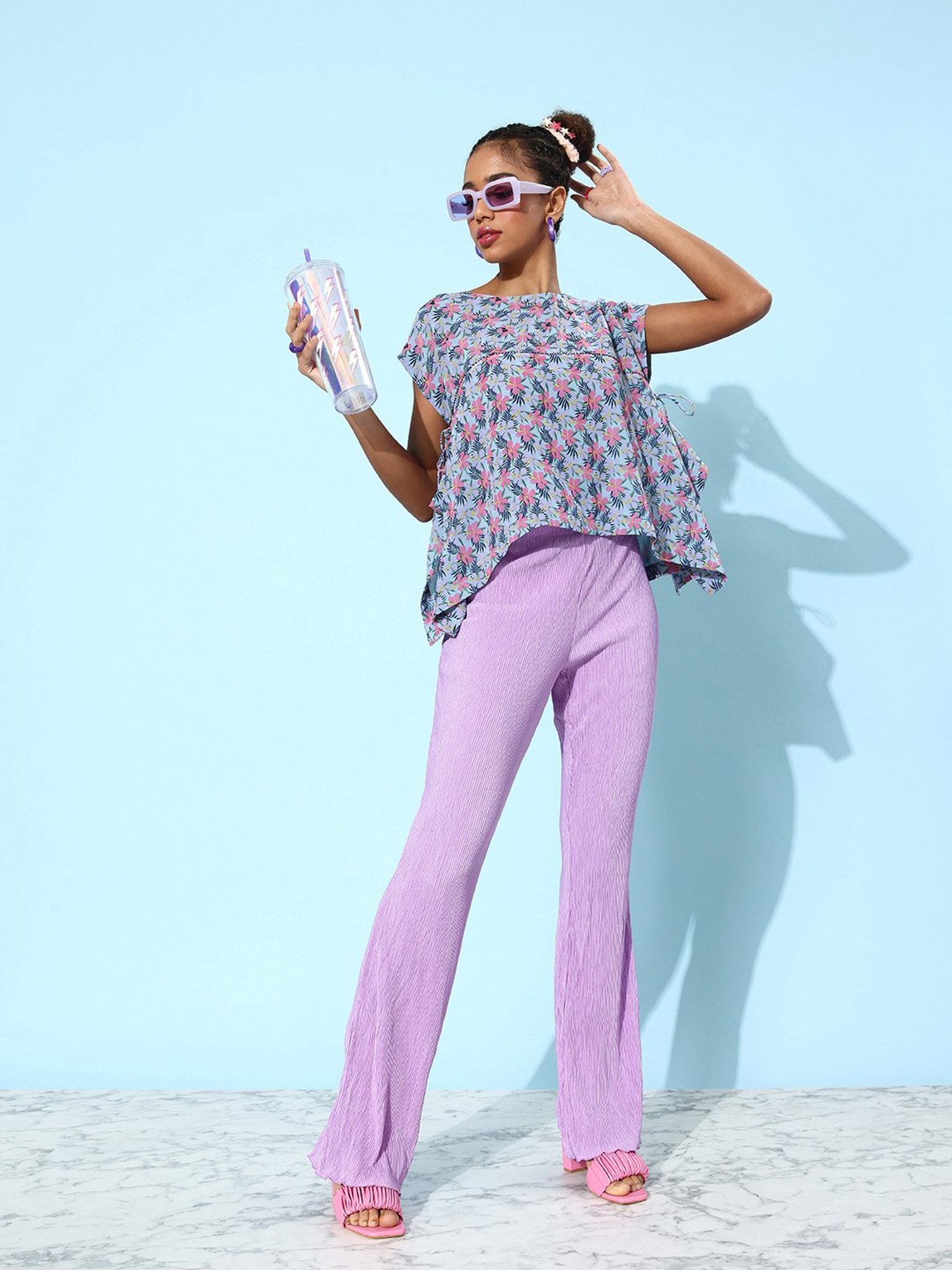 QUIERO Blue & Pink Floral Print Top