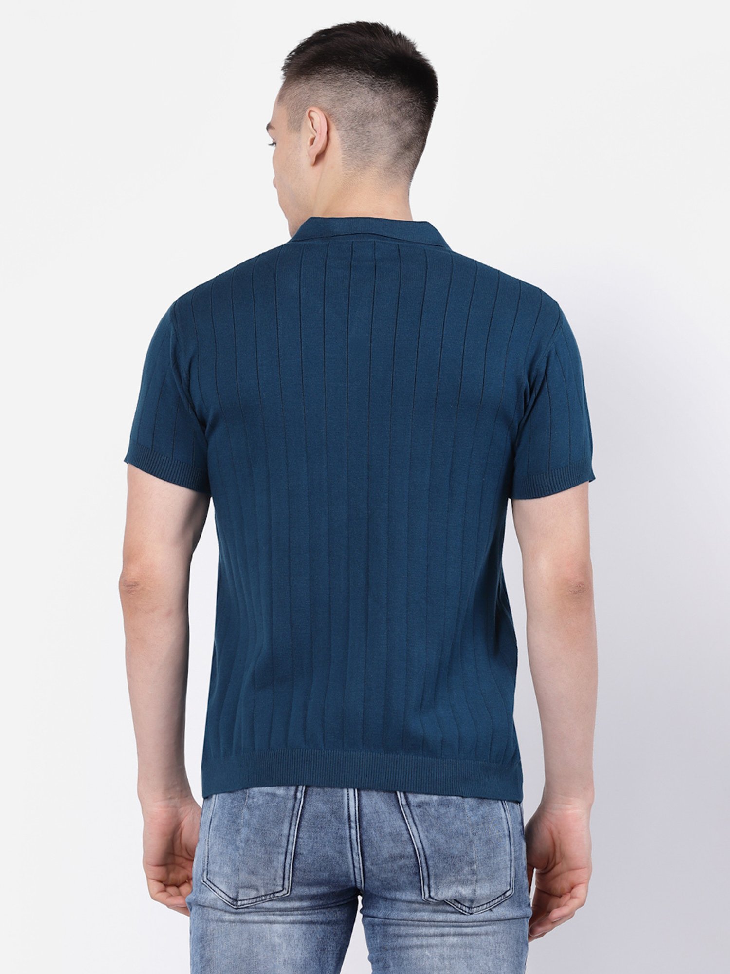 Kalt Teal Regular Fit Striped Polo T-Shirt