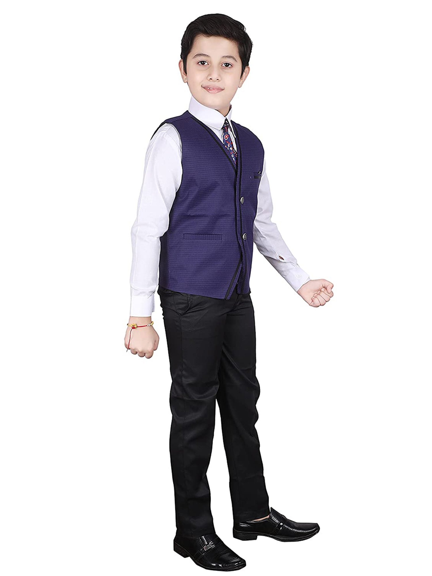 Fourfolds Boys Blue & White Solid Full Sleeves Suit Set