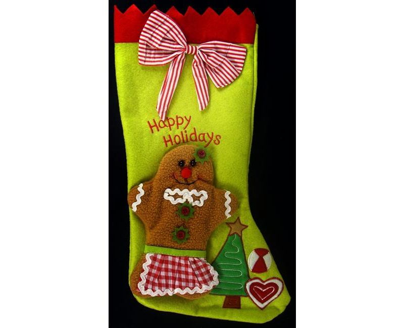 Sterling 17" Lime Green and Gingham Red "Happy Holidays" Striped Christmas Stocking