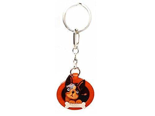 Boston Terrier Leather Plate Dog Keychain Vanca Craft-collectible Keyring Made in Japan