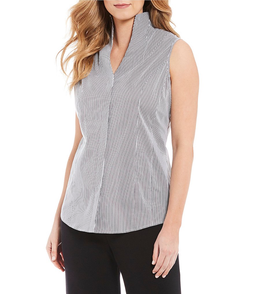 Misook Mandarin Collar Sleeveless Striped Washable Tank