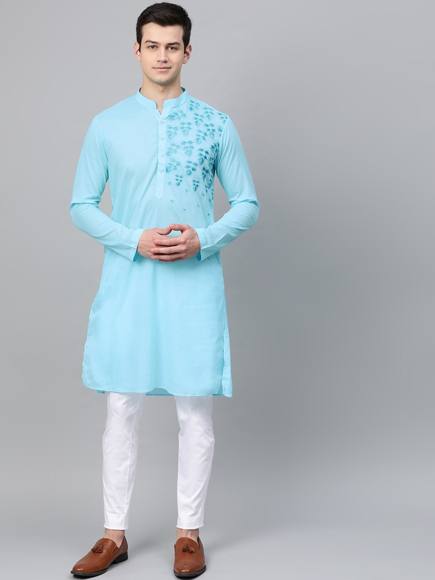 See Designs Turquoise Blue & White Cotton Regular Fit Embroidered Kurta Bottom Set