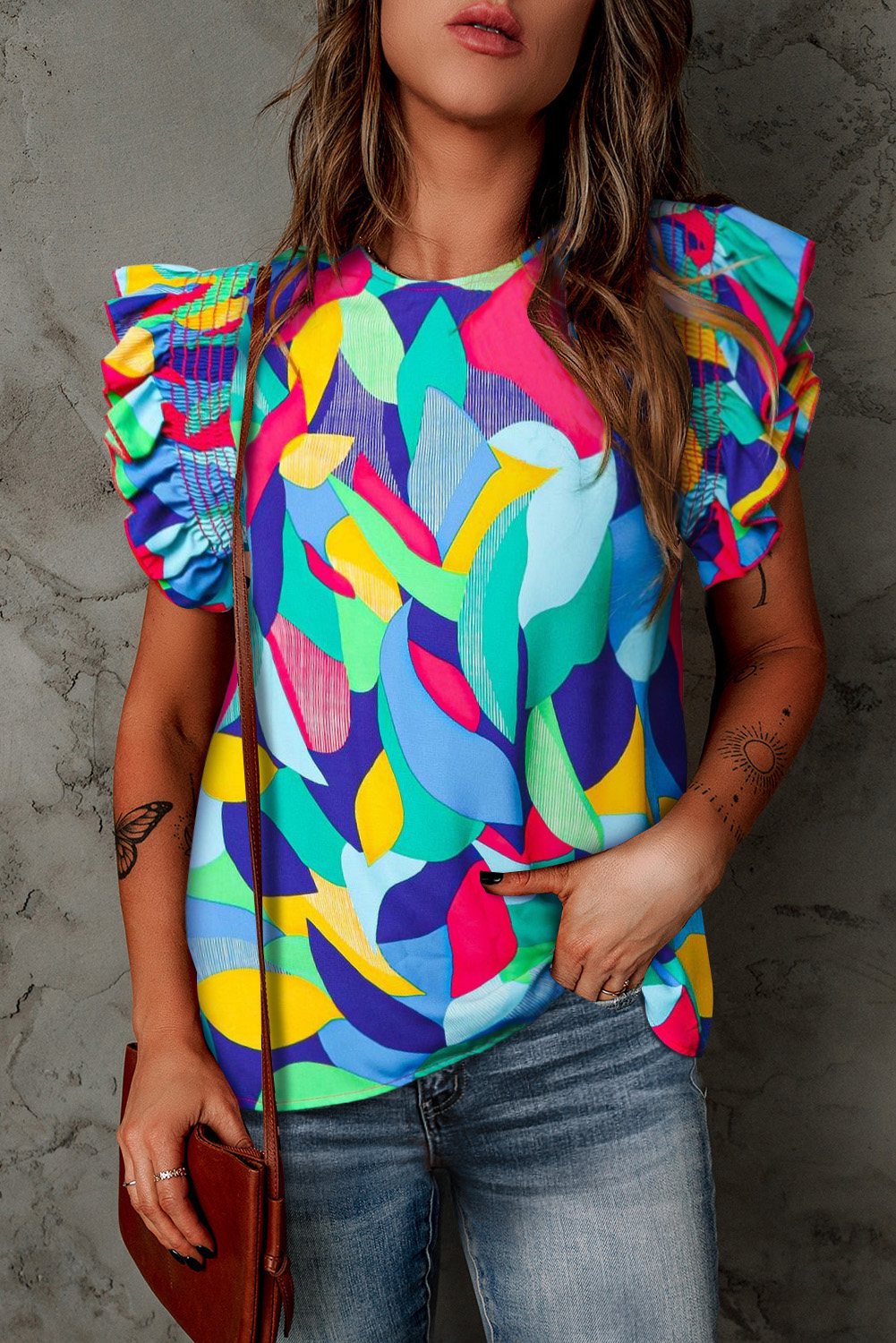 Multicolor Abstract Print Ruffle Sleeve Casual Blouse for Women
