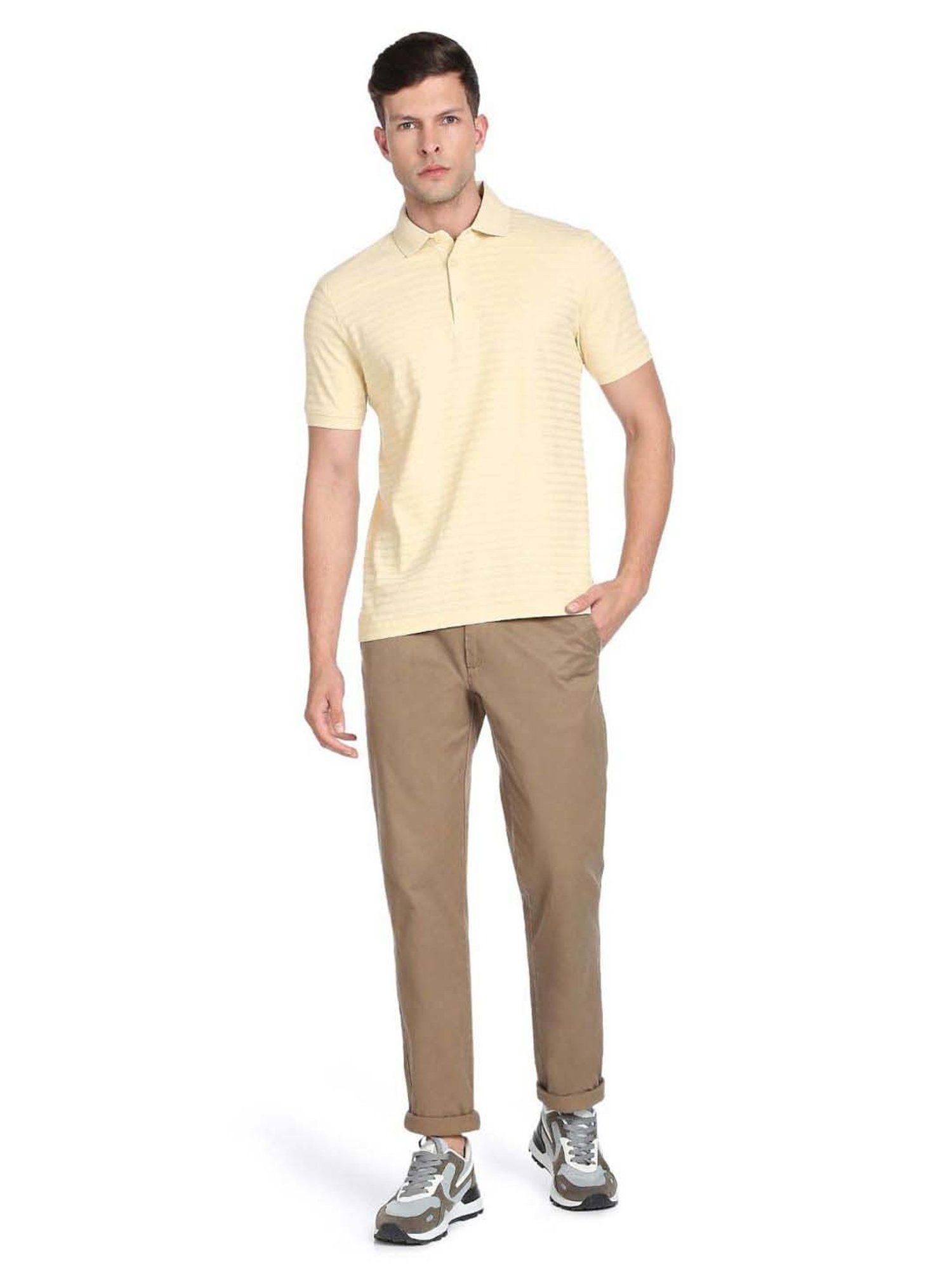 Arrow Beige Cotton Regular Fit Striped Polo T-Shirt