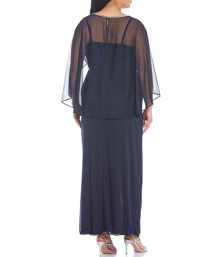 R & M Richards Plus Size Round Neck 3/4 Sleeve Matte Chiffon Flyaway Cape Gown