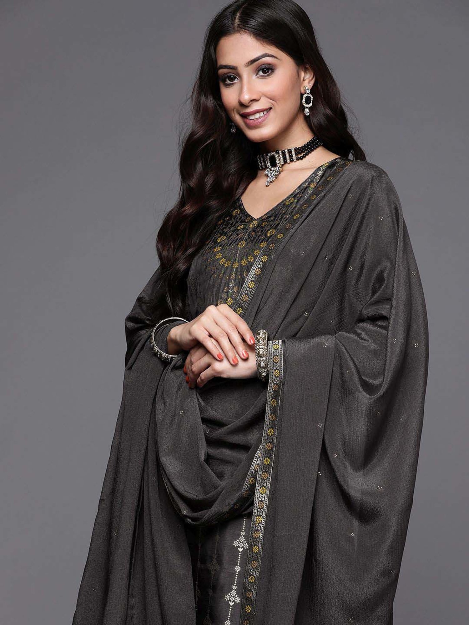 Libas Black Woven Pattern Kurta Pant Set With Dupatta