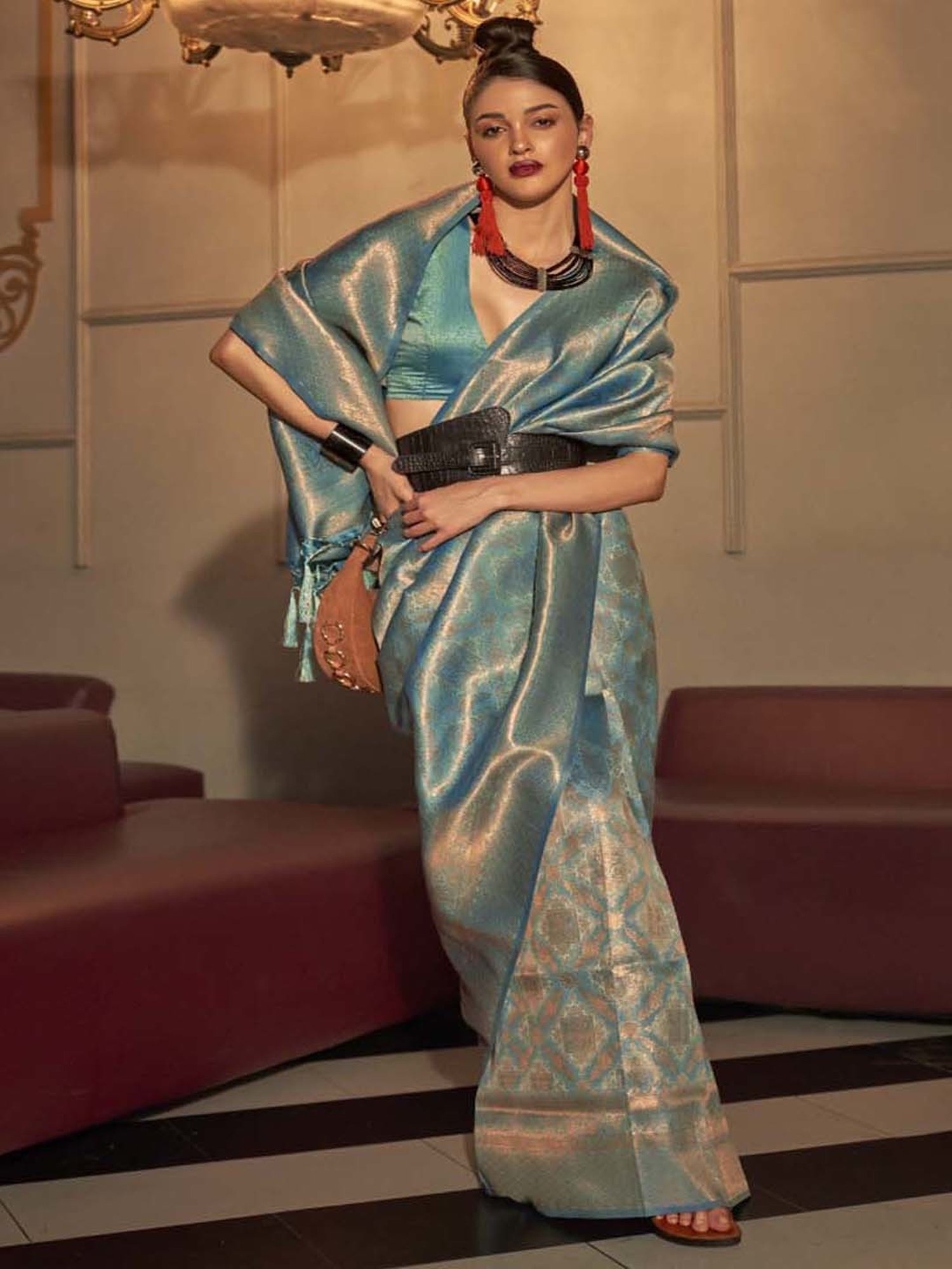 Elora Blue Silk Woven Saree With Unstitched Blouse