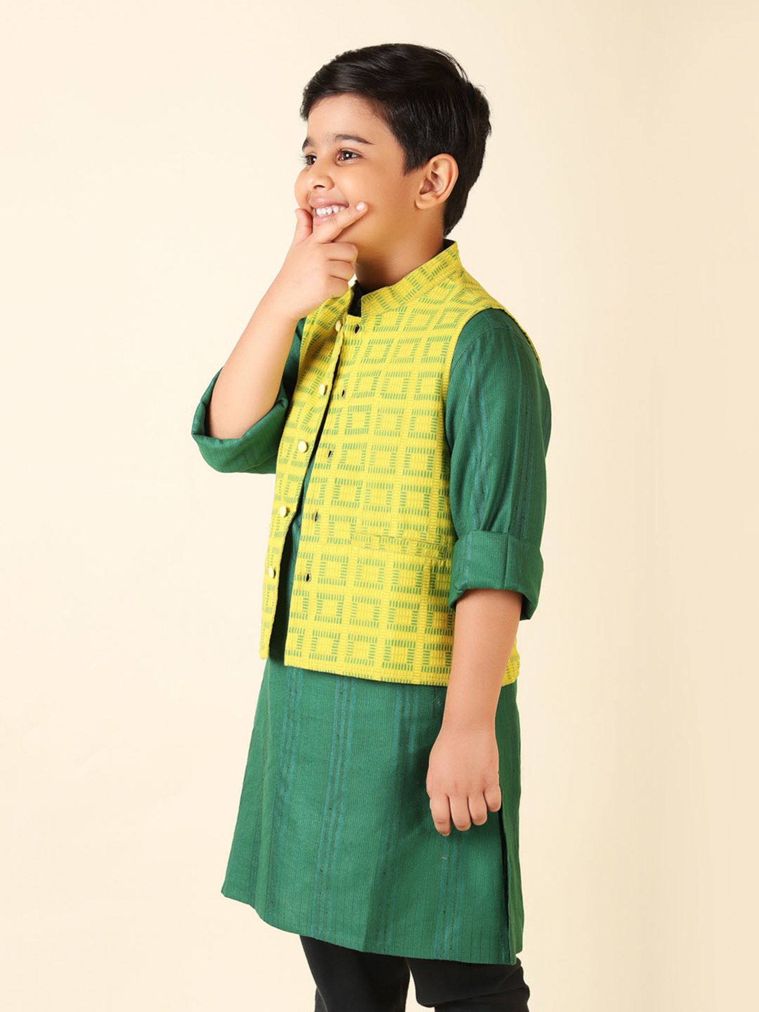 Fabindia Kids Lime Green Printed Nehru Jacket