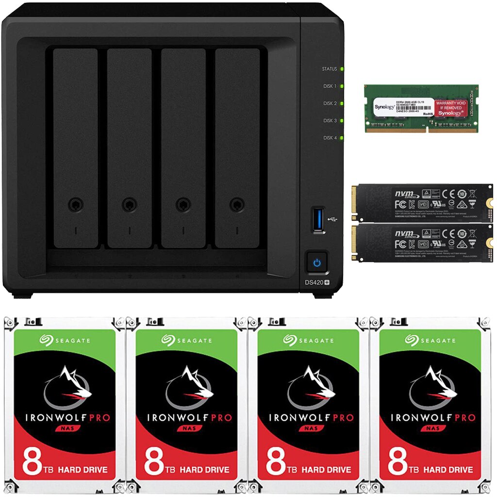 Synology DS420+ DiskStation with 2GB RAM and 24TB (4 x 6TB) of Seagate Ironwolf PRO Drives and 2TB (2x1TB) NVMe Cache Fully Assembled and Tested By CustomTechSales