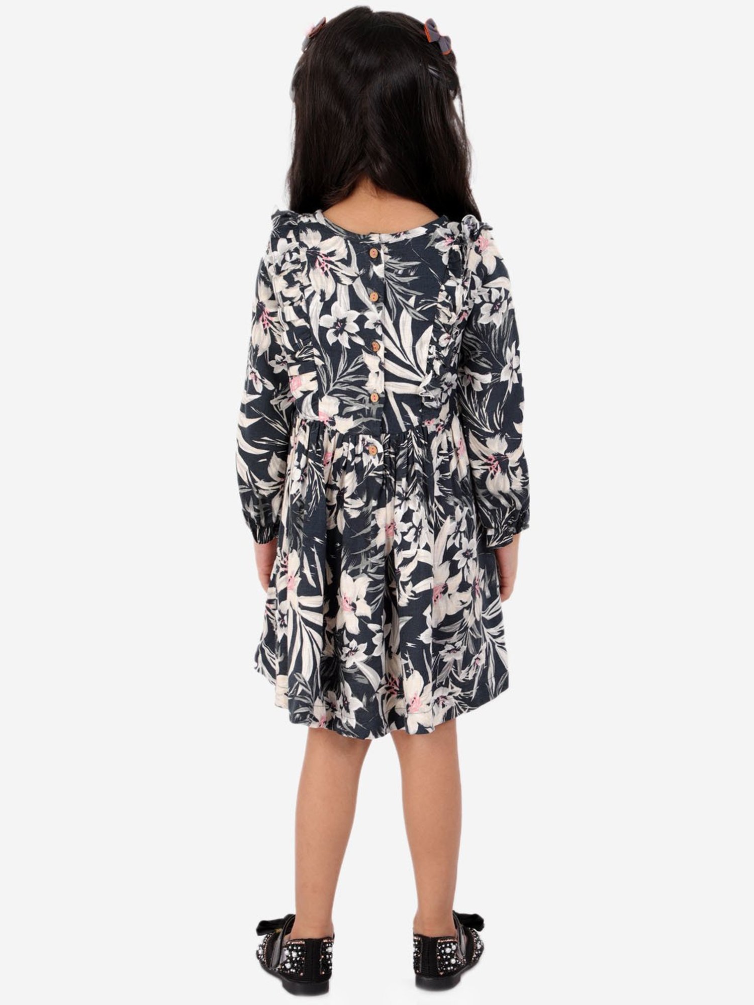 Lil Drama Kids Navy Floral Print Full Sleeves Dress