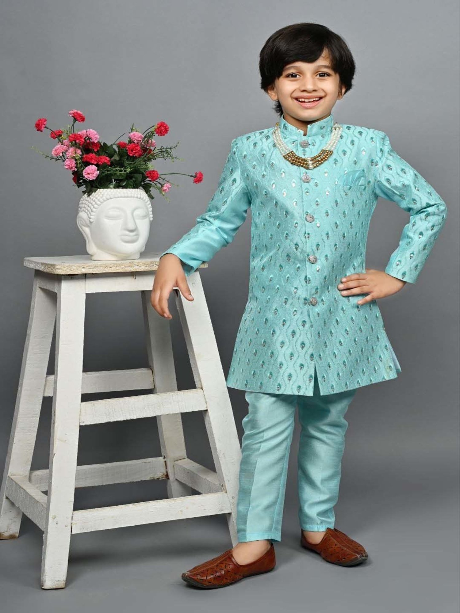 Ahhaaaa Kids Blue & White Embellished Full Sleeves Sherwani Set