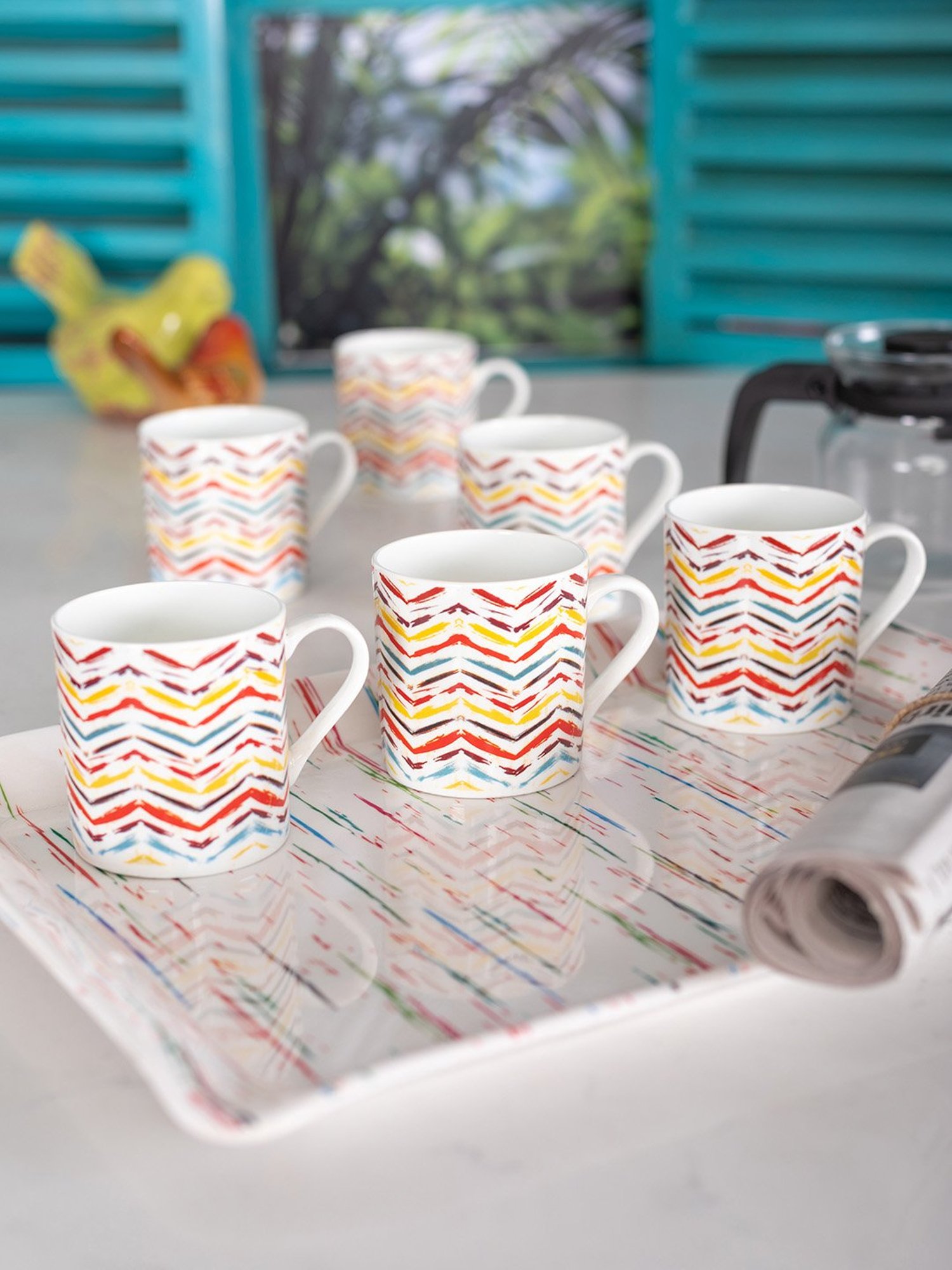 Goodhomes Multicolor Melamine Coffee Mug (220 ml) with Tray - Set of 7