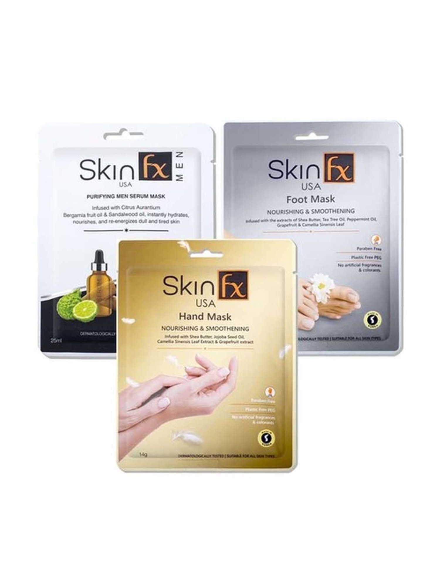Skin Fx Nourishing Hand, Foot & Purifying Men Facial Serum Mask - Pack of 3