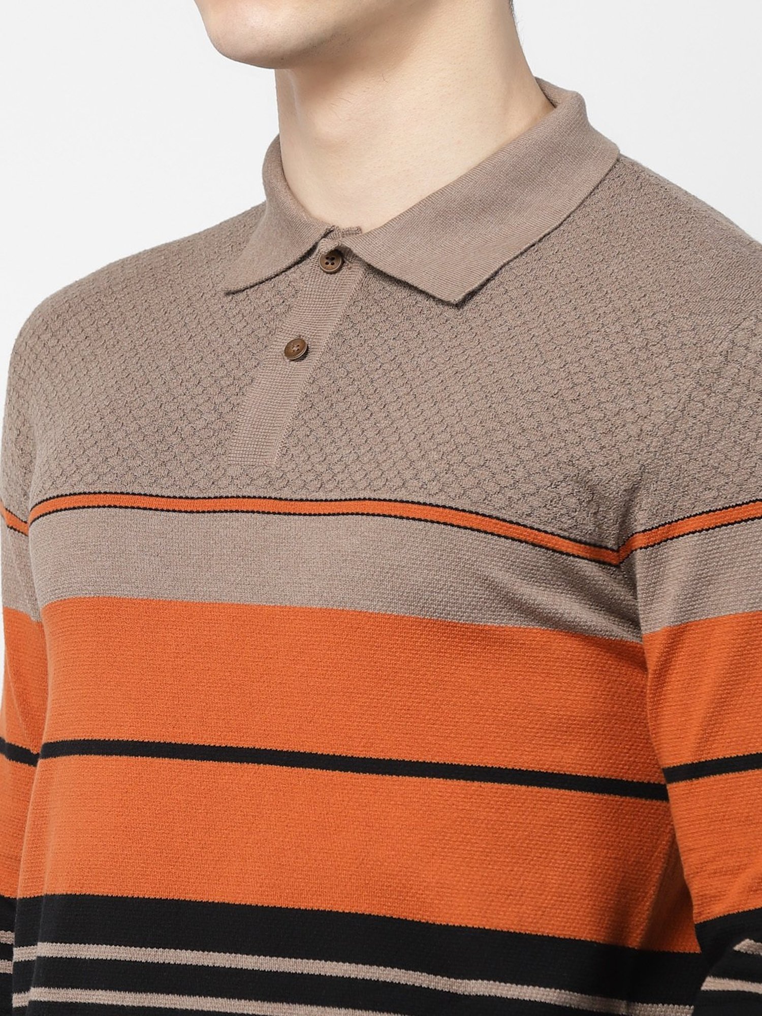Kalt Black & Rust Regular Fit Striped Polo T-Shirt