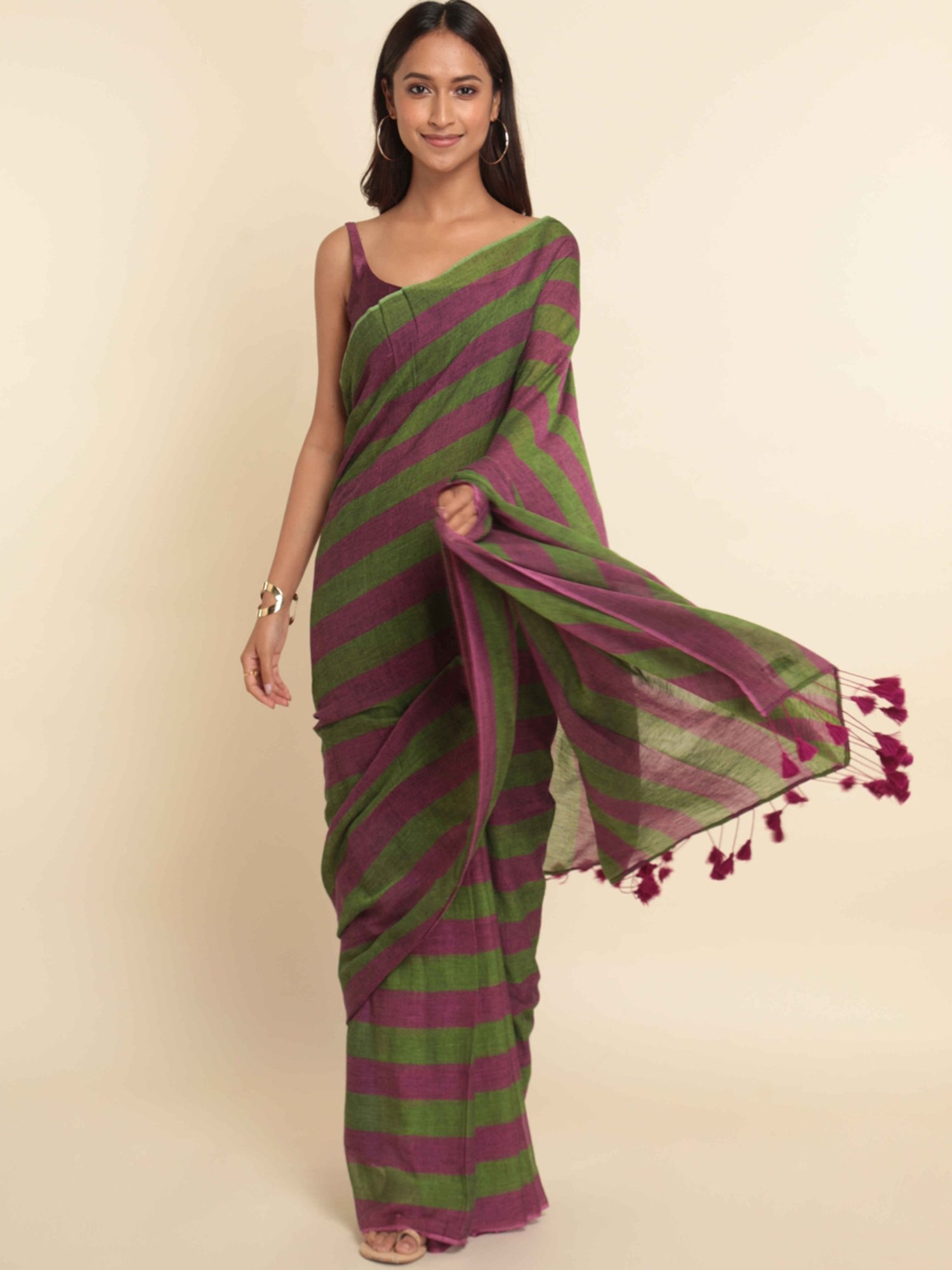 Suta Green & Pink Cotton Striped Saree Without Blouse