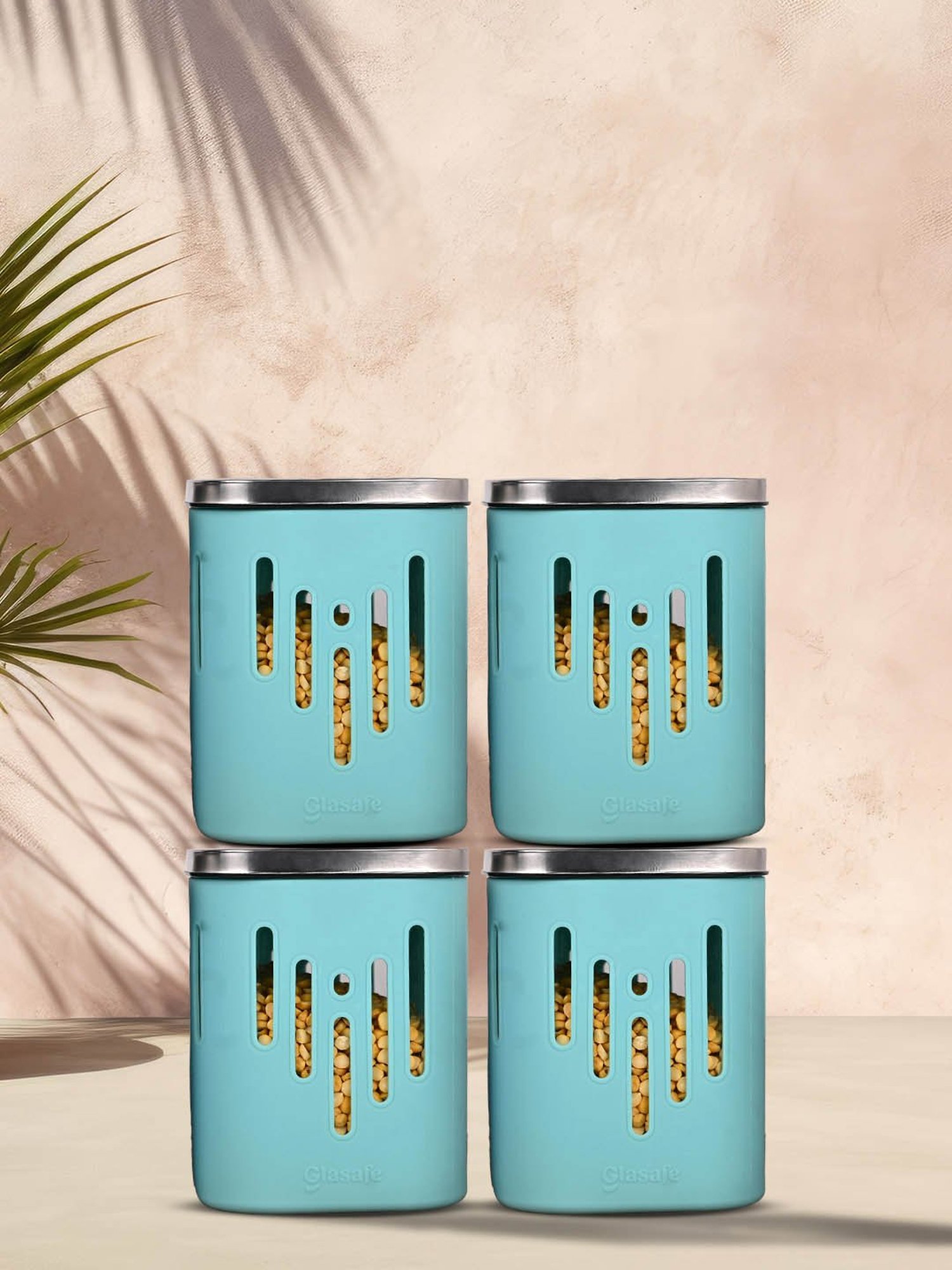 Glasafe 'O' Grip Mellow Green Borosilicate Containers - Set of 4 (900ml)