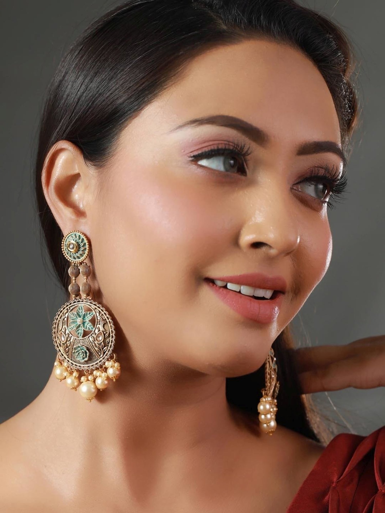 Priyaasi Floral Green & Golden Chand Bali Earrings