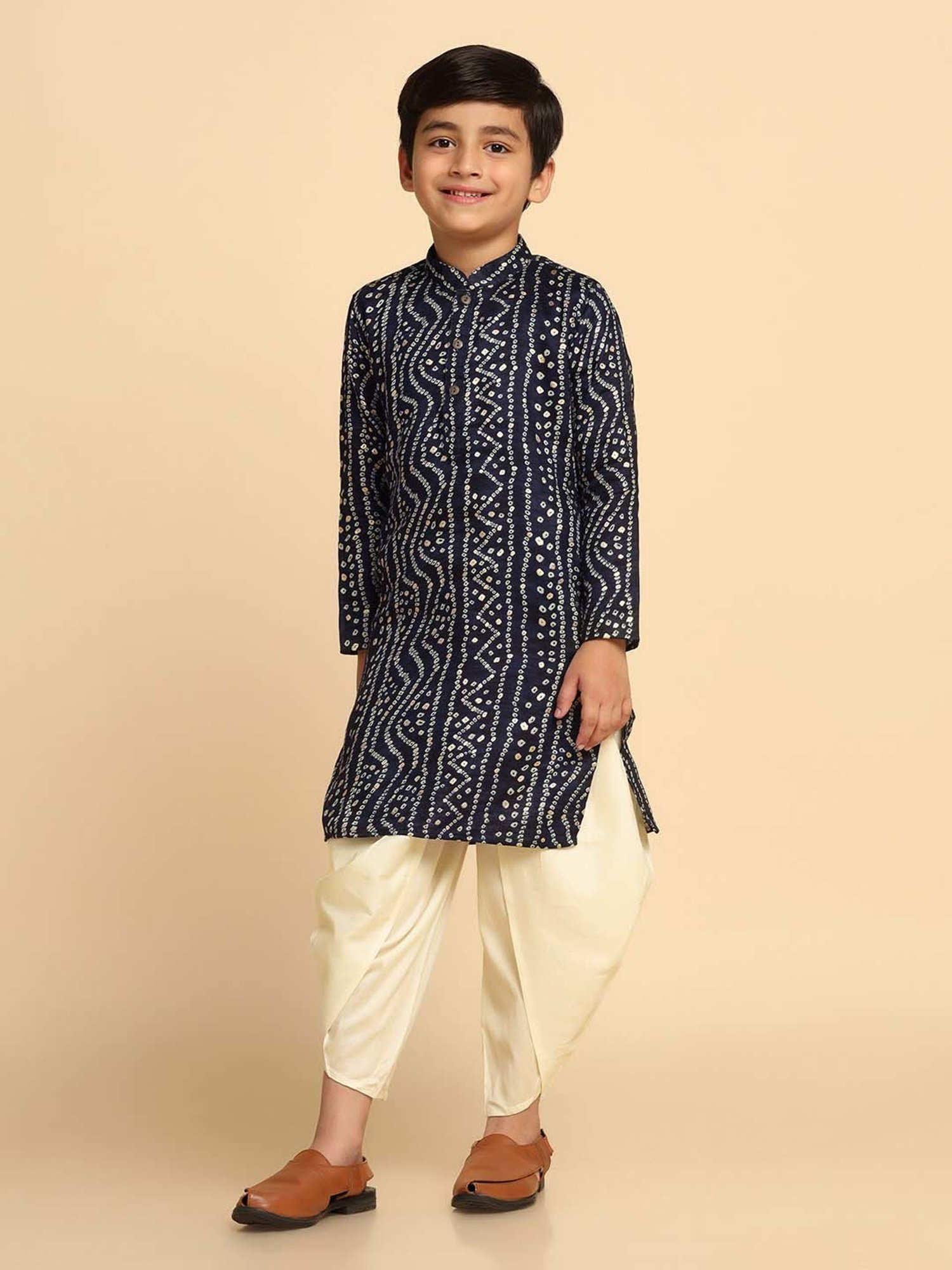 KISAH Kids Navy & White Cotton Printed Full Sleeves Kurta Set