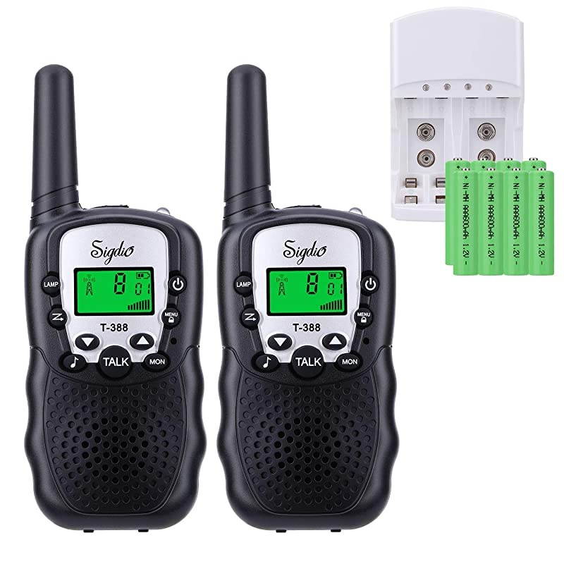 Kids Walkie Talkies Rechargeable Walky Talky 22CH FRS 2 Way Radio Kids Toy with MultiCharger Rechargeable Batteries VOX and Torch Black 8 rechargeable batteries