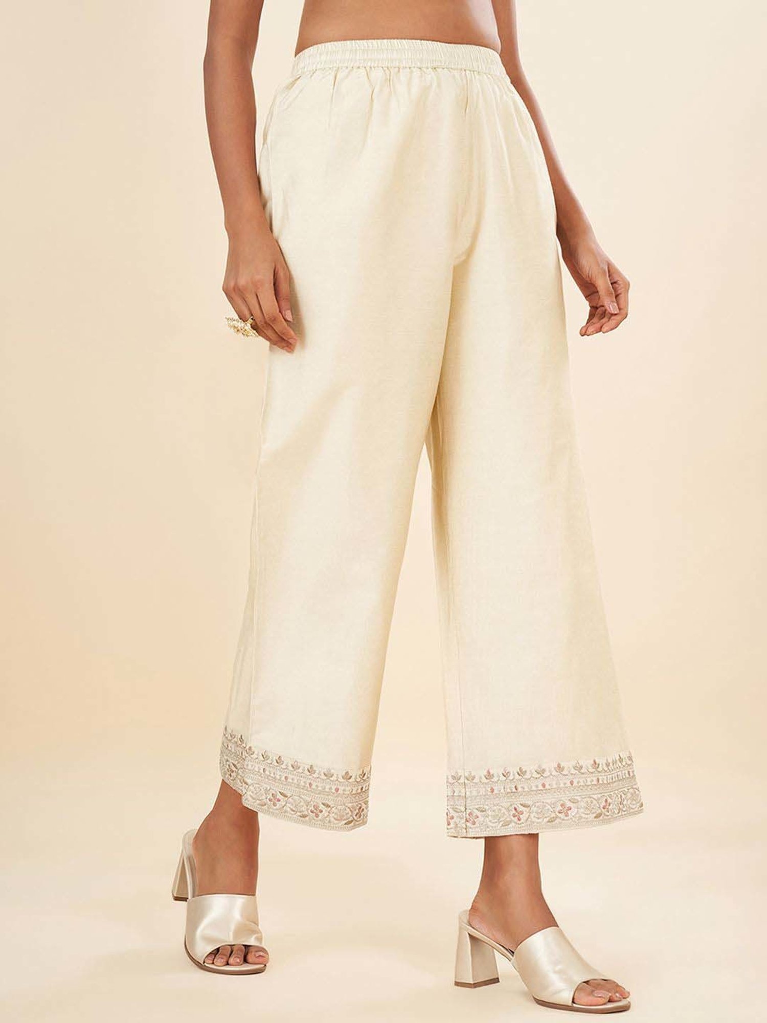 Rangmanch by Pantaloons Beige Embroidered Palazzos