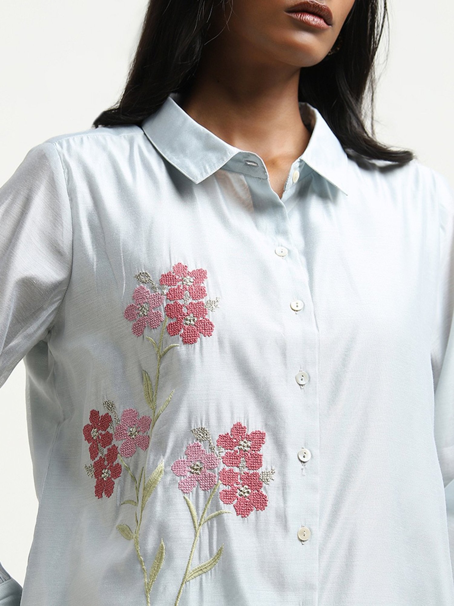 Vark by Westside Light Blue Floral Embroidered Tunic & Ethnic Pants Set