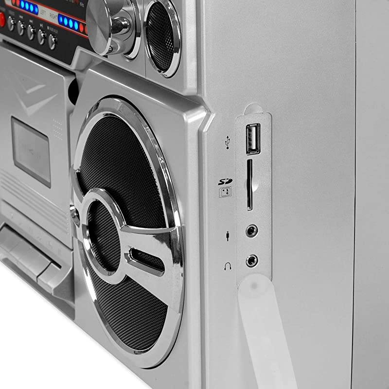 1980s Retro Bluetooth Boombox with Cassette Player and AM/FM Radio, Wired and Wireless Streaming, Classic 80s Style with Modern Technology, Silver