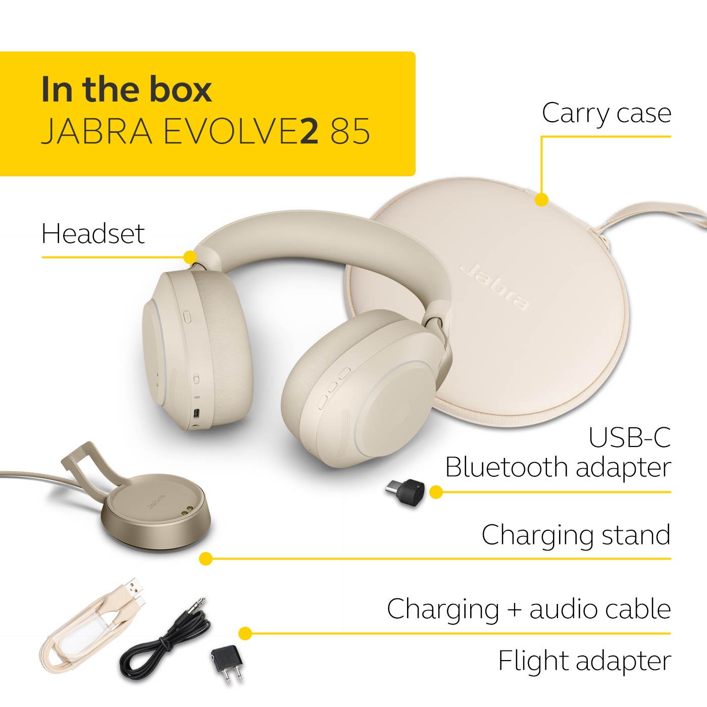 Jabra Evolve2 85 - USB-C MS Teams Stereo Stand - Beige Wireless Headset / Music Headphones