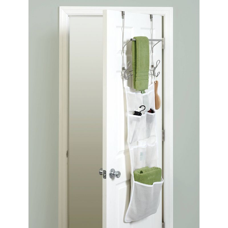 Snug Fit Over the Door Towel Bar with Mesh Pocket Storage Satin Nickel - Zenna Home