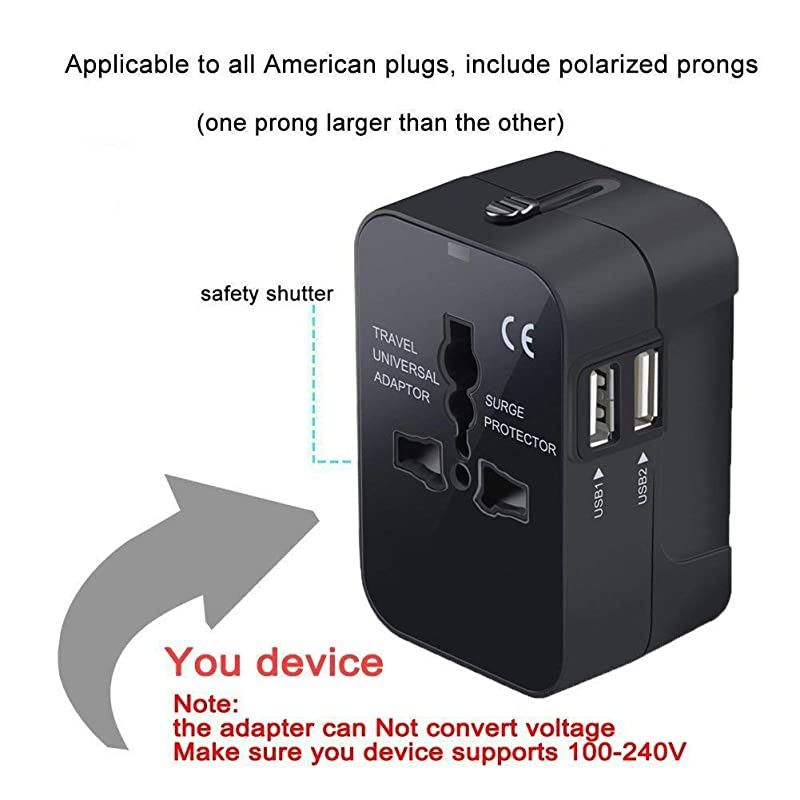 International Universal All in One Worldwide Travel Adapter Wall Charger AC Power Plug Adapter with Dual USB Charging Ports for USA EU UK AUS European Cell Phone Laptop