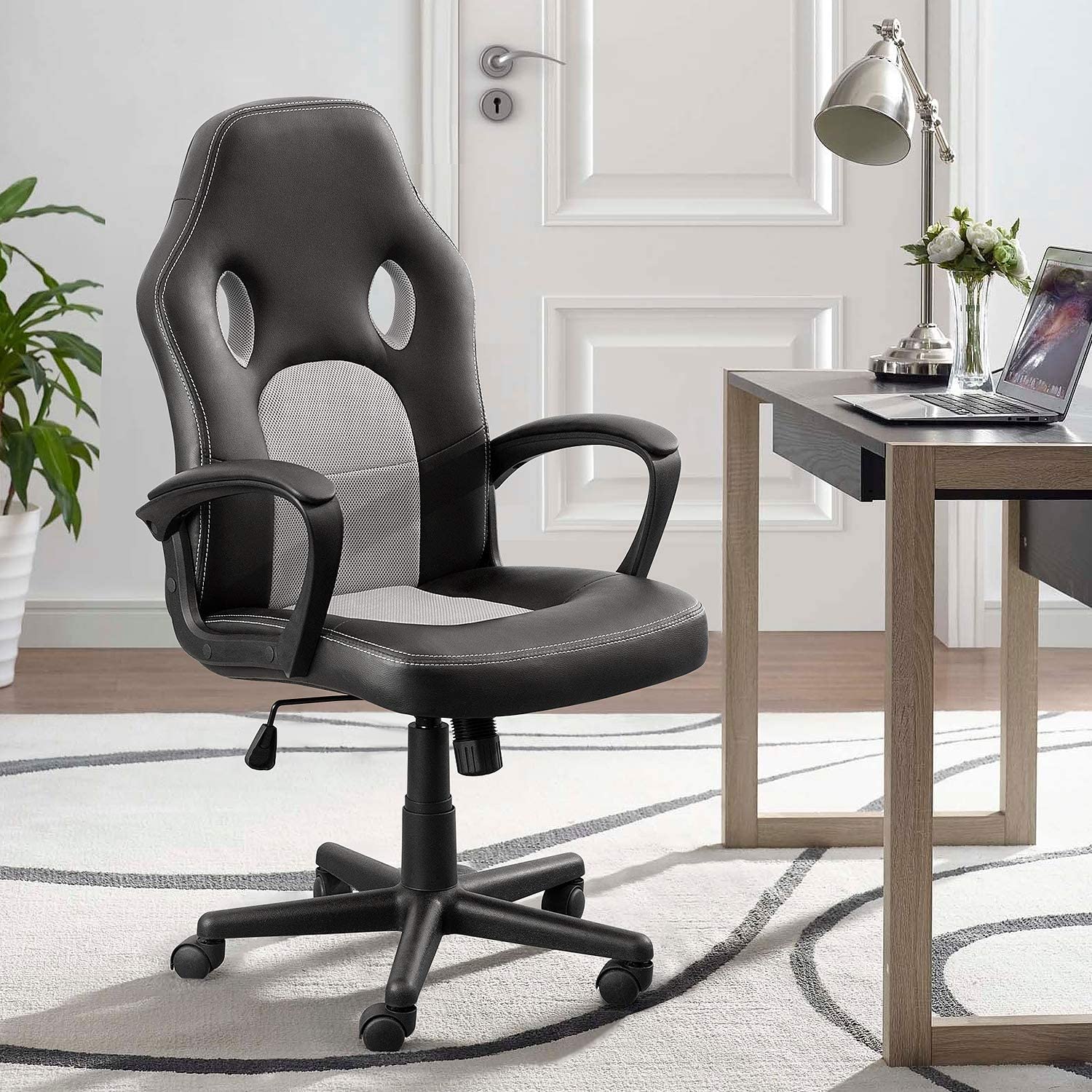 Furmax Office Desk Leather Gaming, High Back Ergonomic Adjustable Racing Task Swivel Executive Computer Chair Headrest and Lumbar Support (Black)