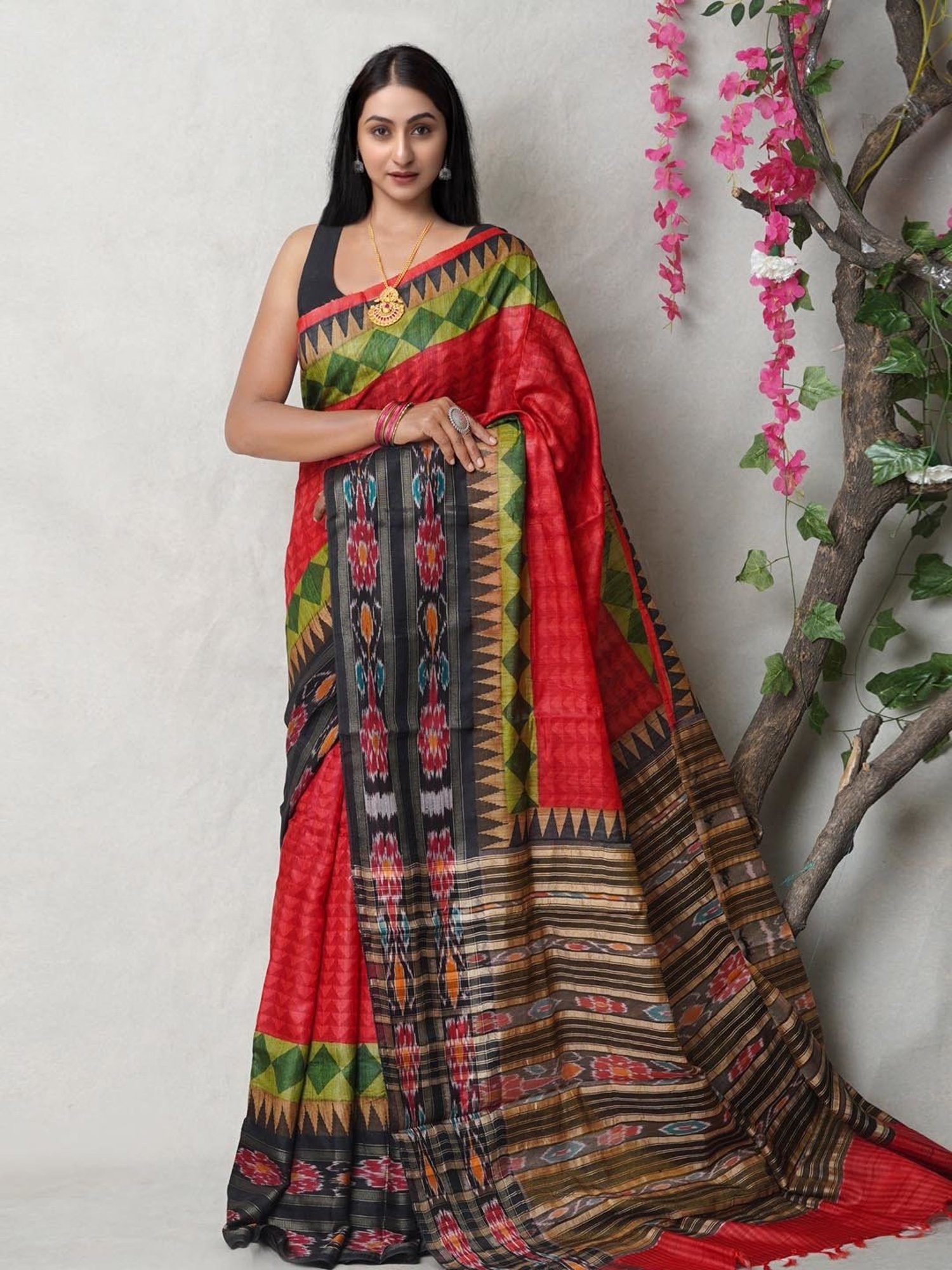 Unnati Silks Red & Grey Silk Printed Saree With Unstitched Blouse