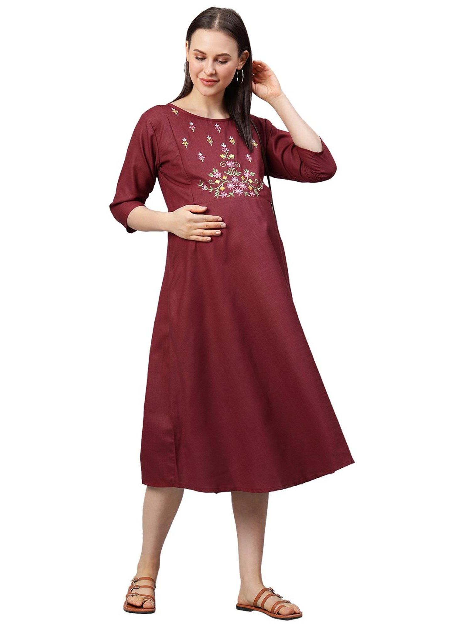MomToBe Maroon Embroidered Maternity Kurta