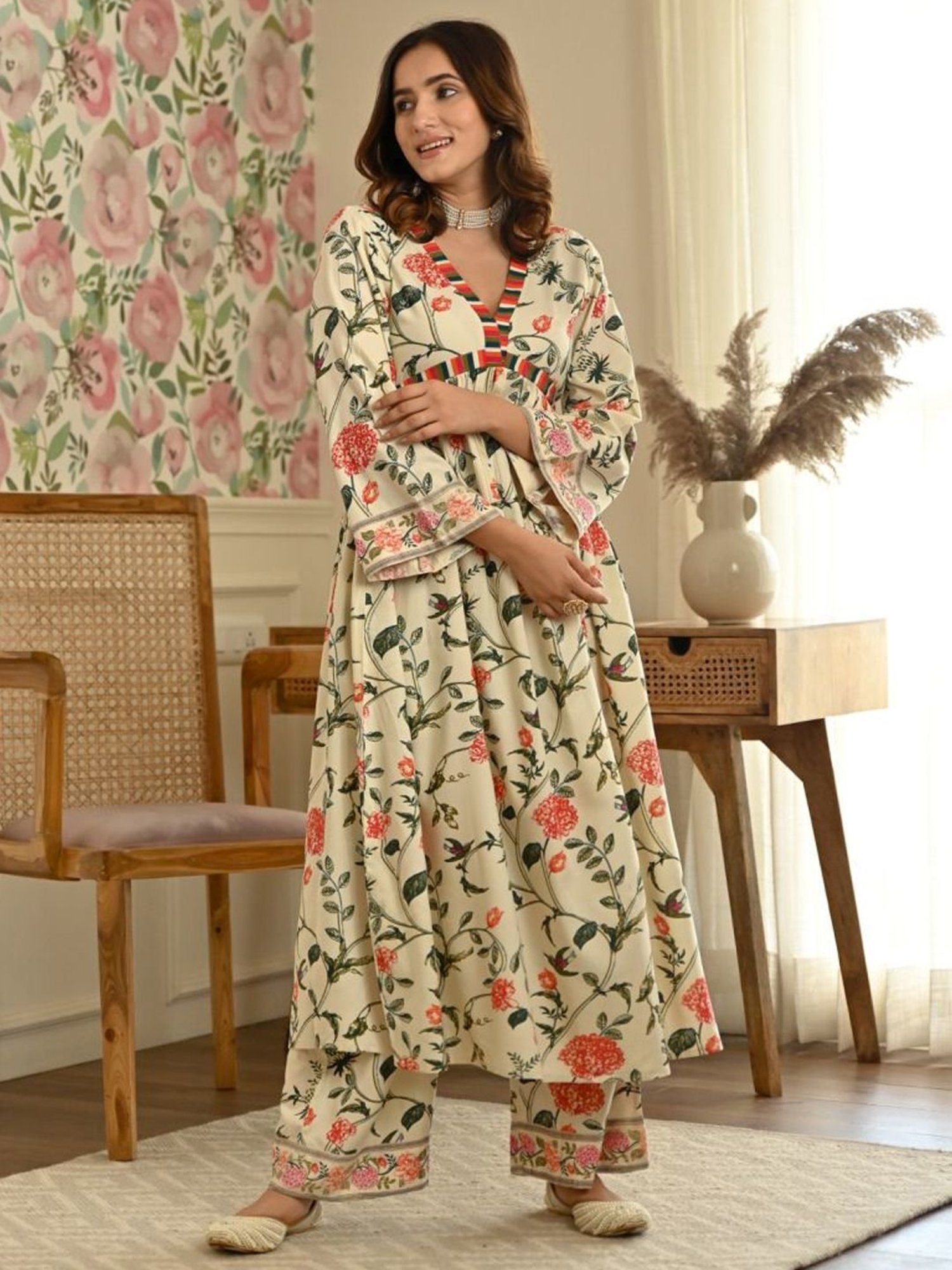 Rustorange Cream Printed Kurta Palazzo Set