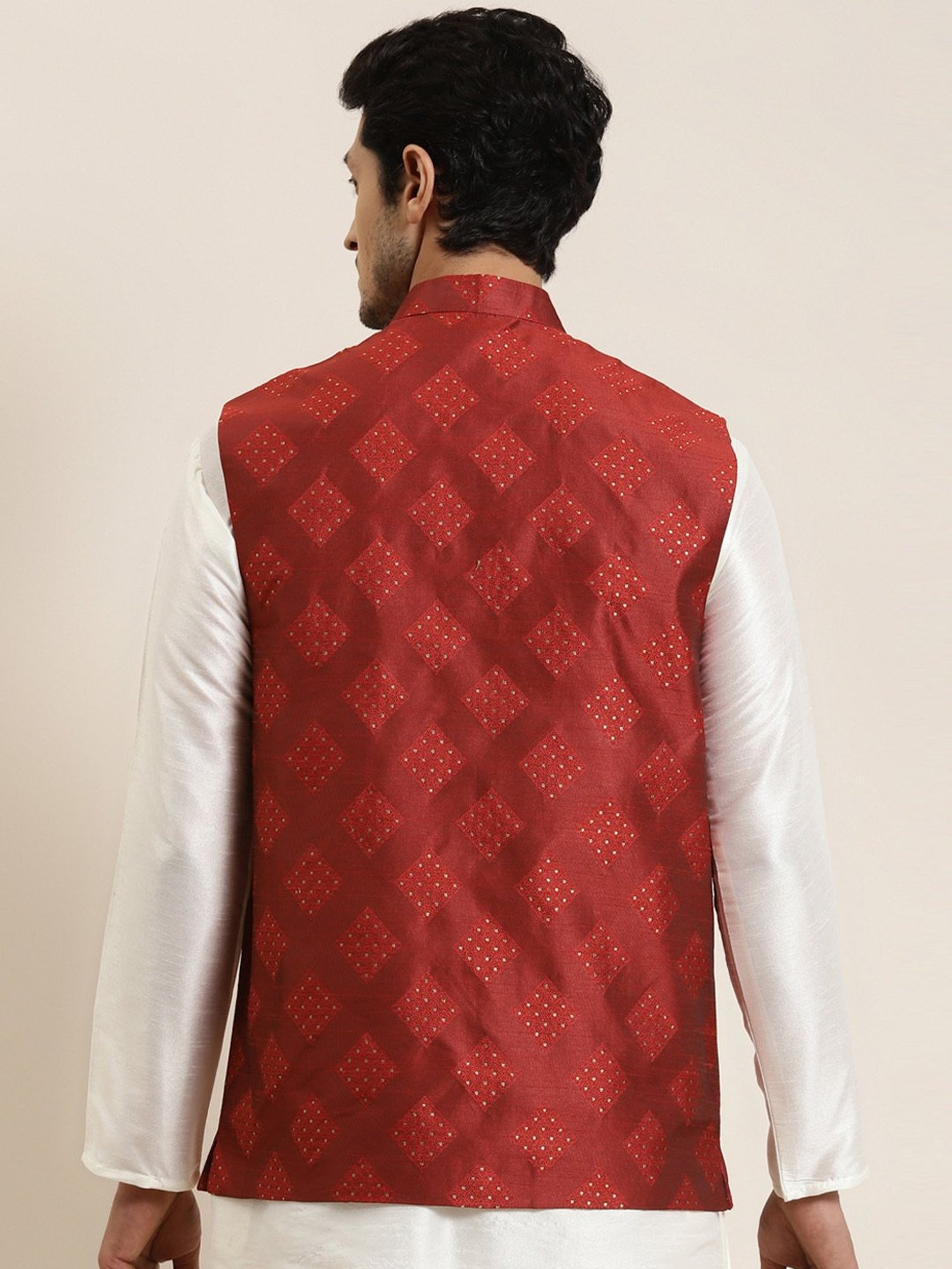 Sojanya Maroon Regular Fit Self Pattern Nehru Jacket