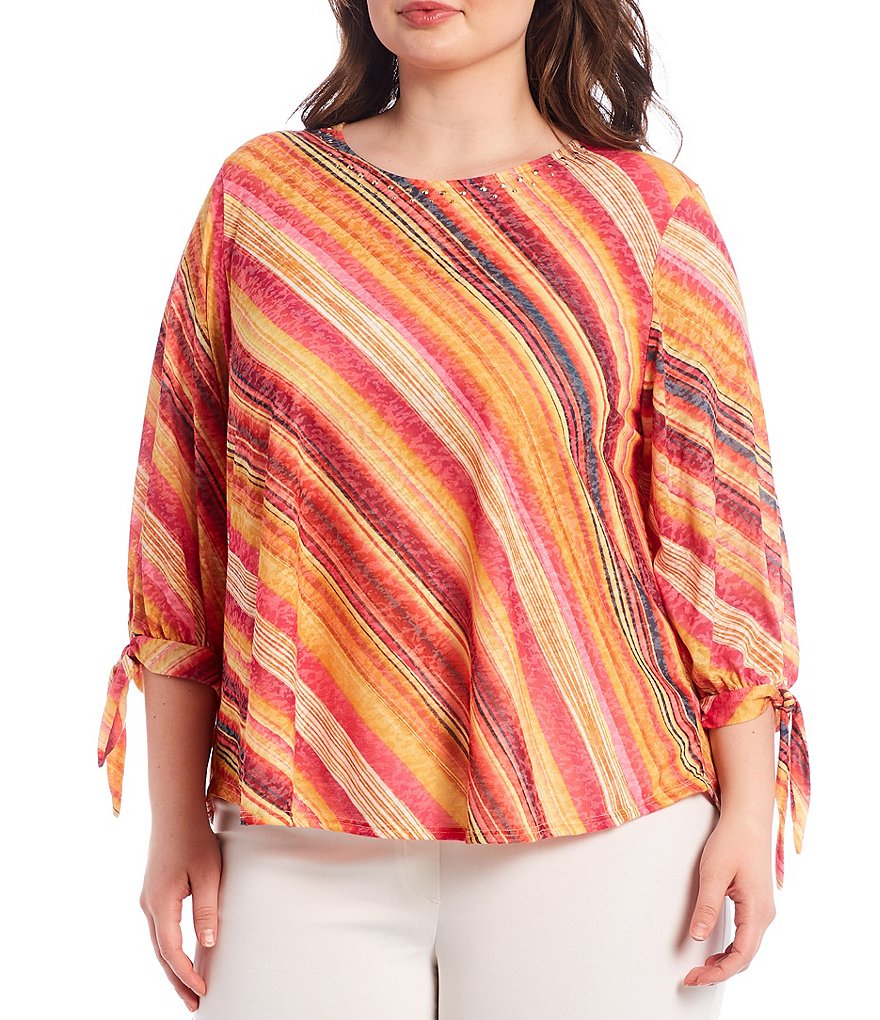 Ruby Rd. Plus Size Embellished Watercolor Stripe Jewel Neck Bow Cuff 3/4 Sleeve Top