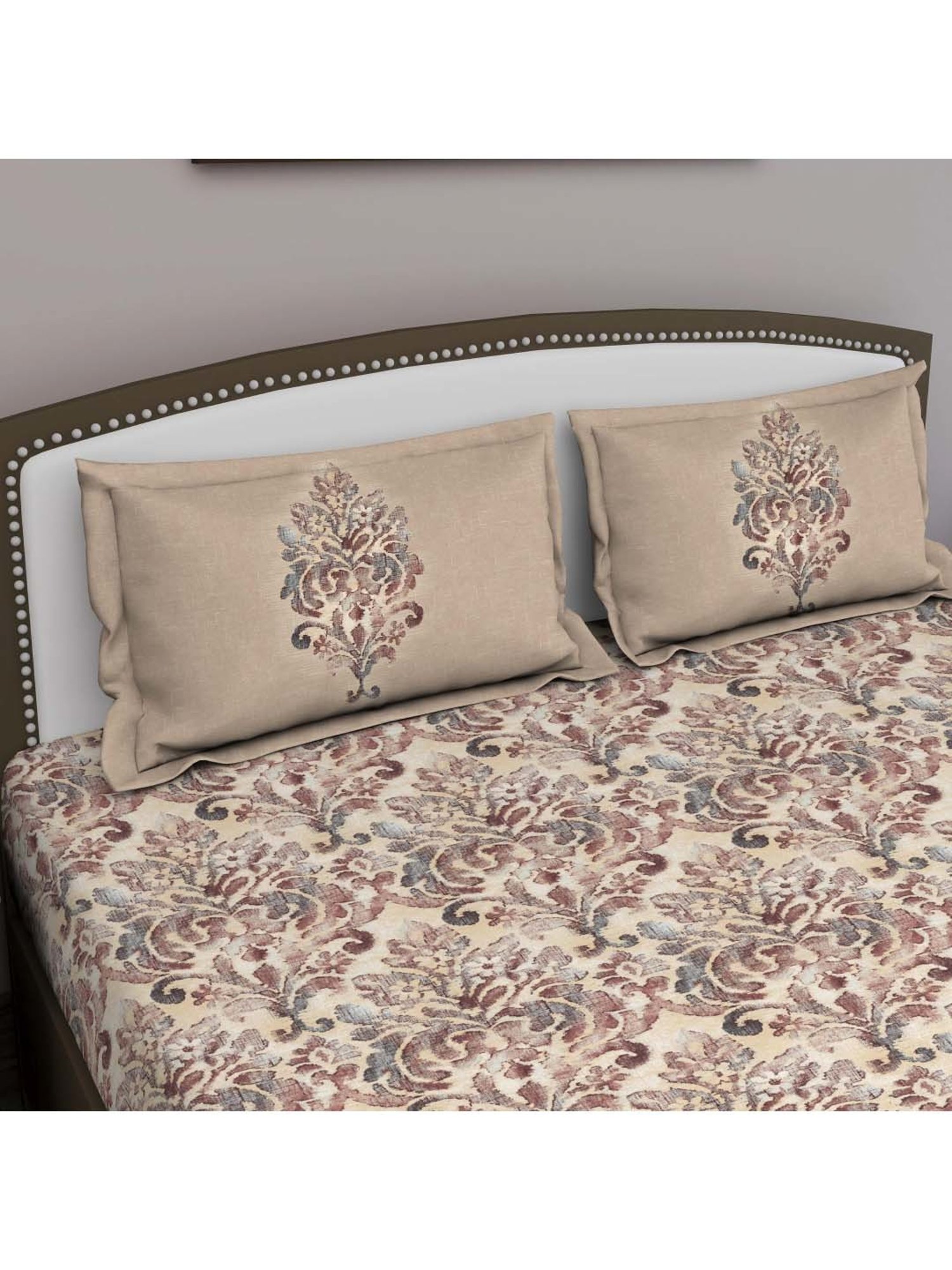 GM 'Fiesta' Brown Cotton 180 TC Double Bedsheet with 2 Pillow Covers