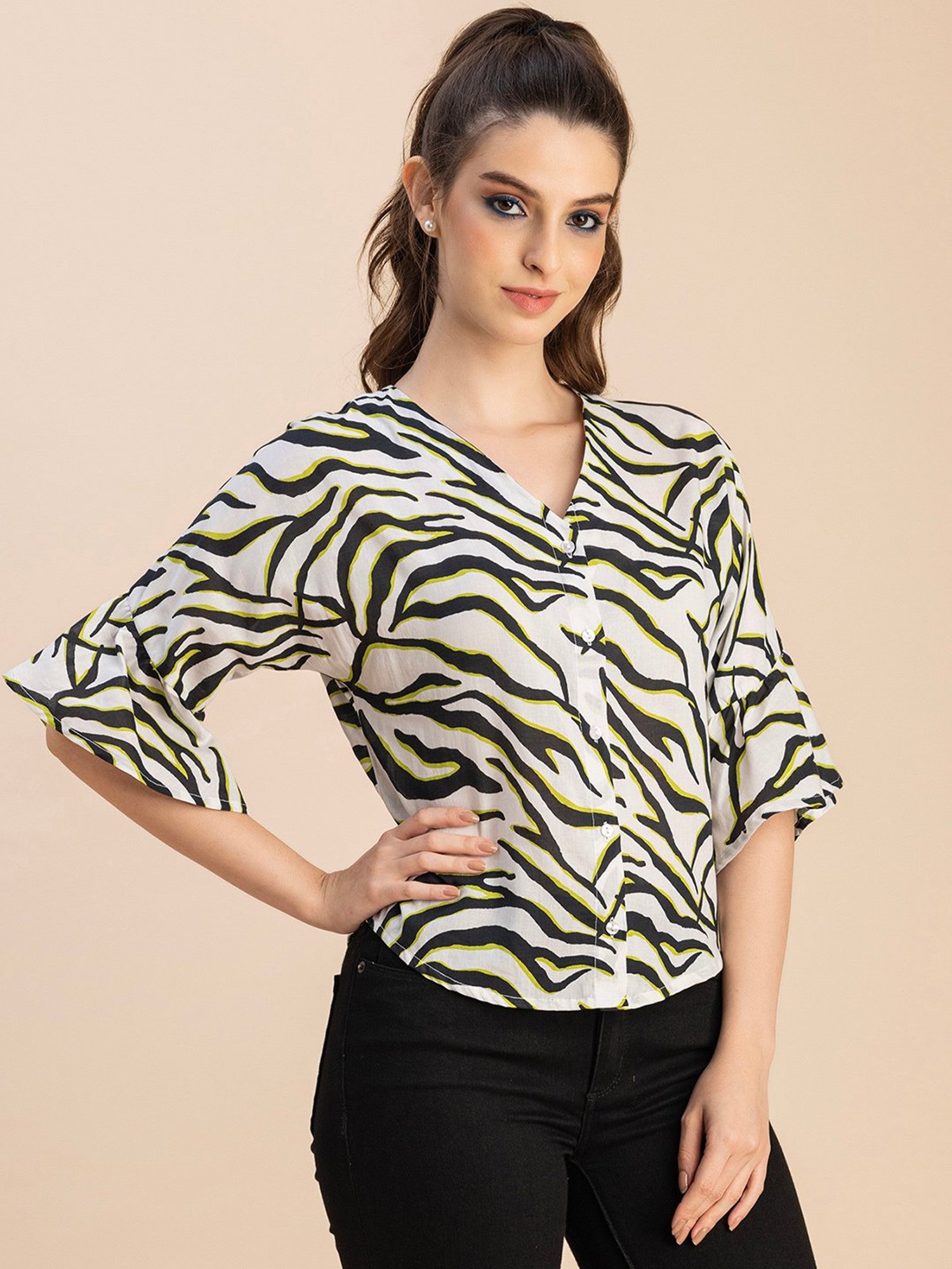 Moomaya White & Black Cotton Printed Top