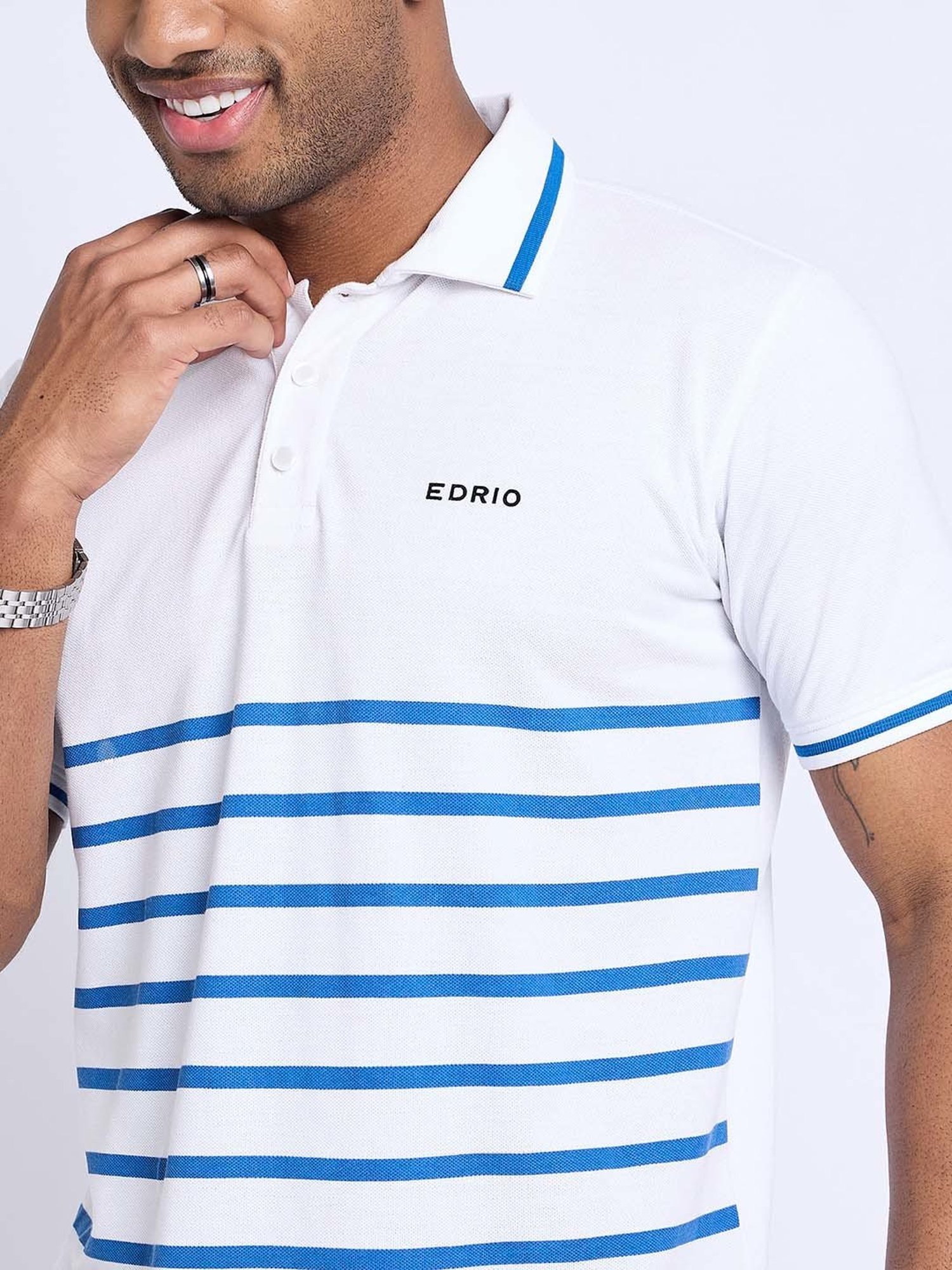 EDRIO White & Blue Regular Fit Striped Polo T-Shirt