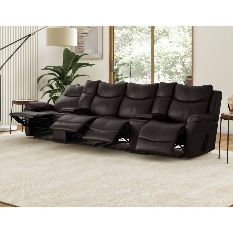 Aaron 4 Seat Tufted Wall Hugger Recliner Sofa with 2 Storage Consoles and USB Ports Renu Leather Coffee Brown - ProLounger