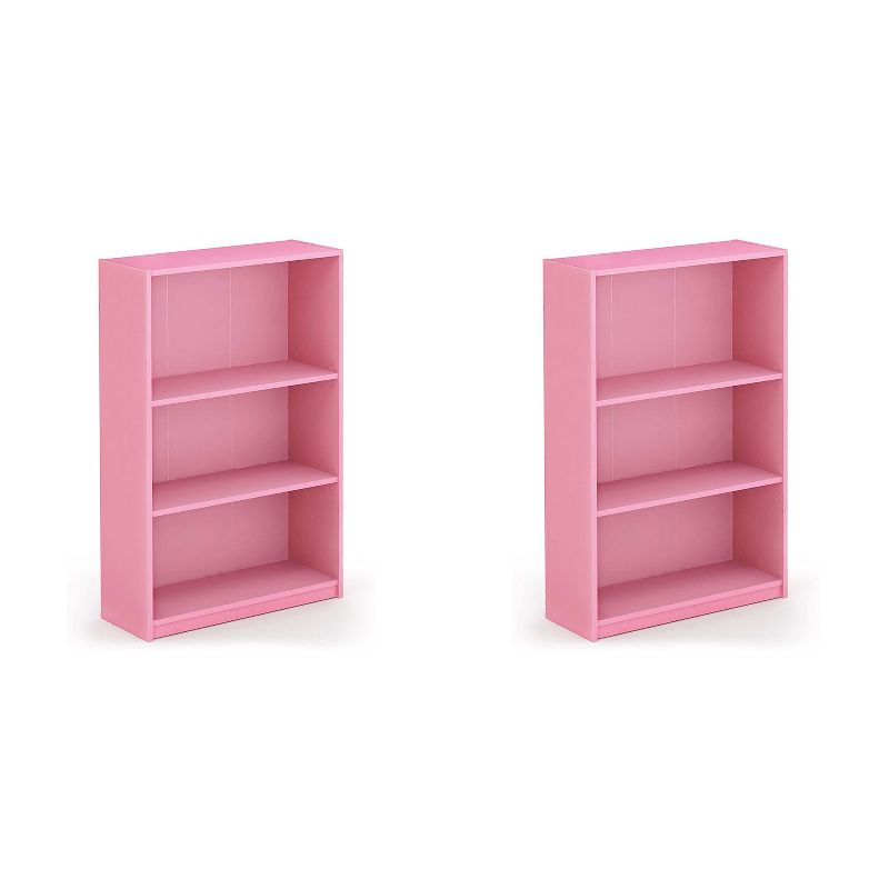 Furinno Jaya Home Simple Sleek Wooden 3 Tier Adjustable Open Bookcase Display Closet Storage Shelf for Living Room and Bedroom Spaces, Pink (2 Pack)