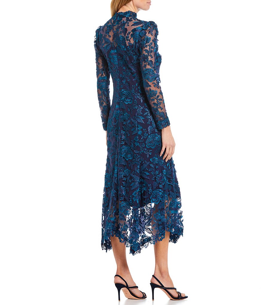 Tadashi Shoji Long Sleeve Mock Neck Handkerchief Hem Lace Dress