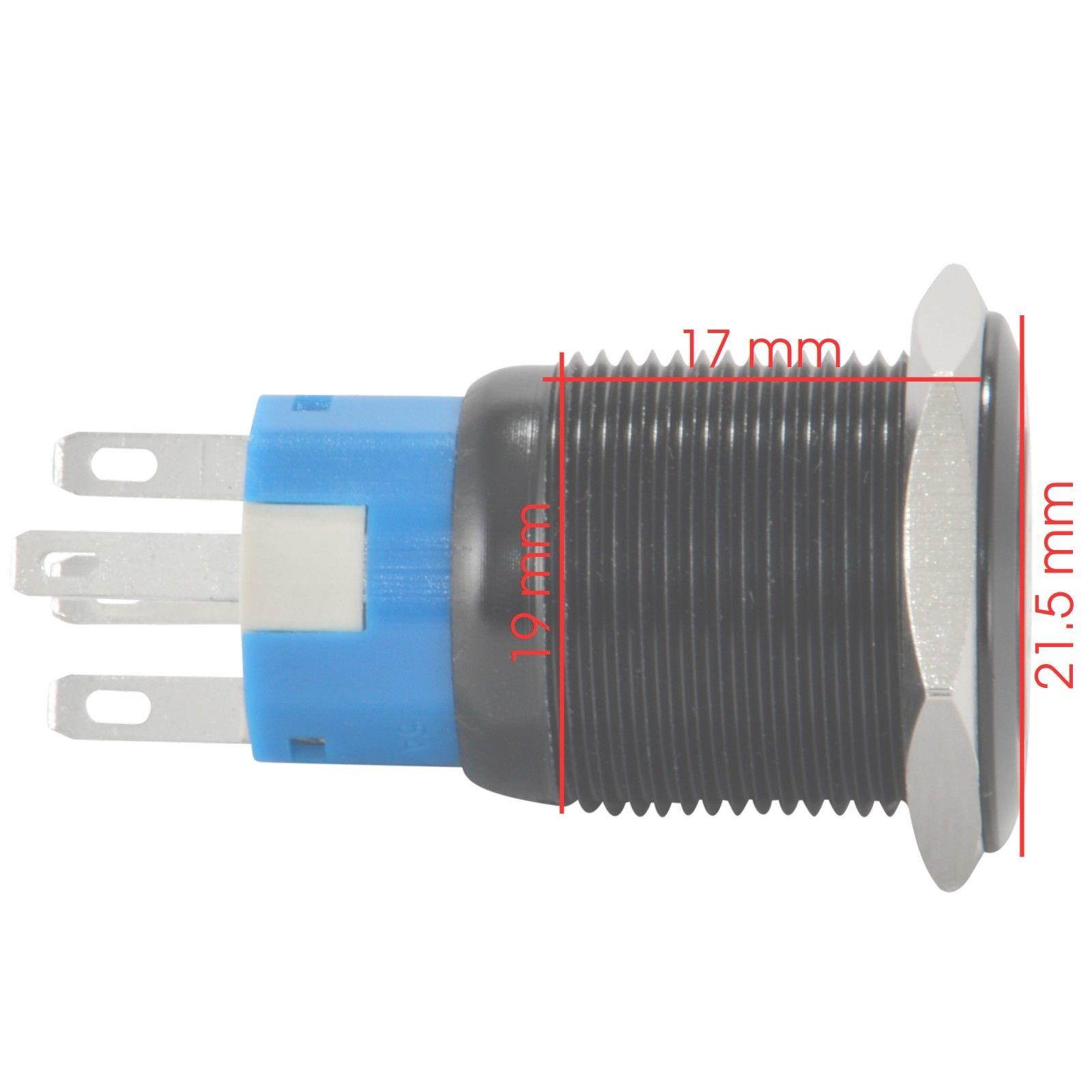 19mm 12V Latching Push Button Power Switch Black Metal Blue LED Waterproof