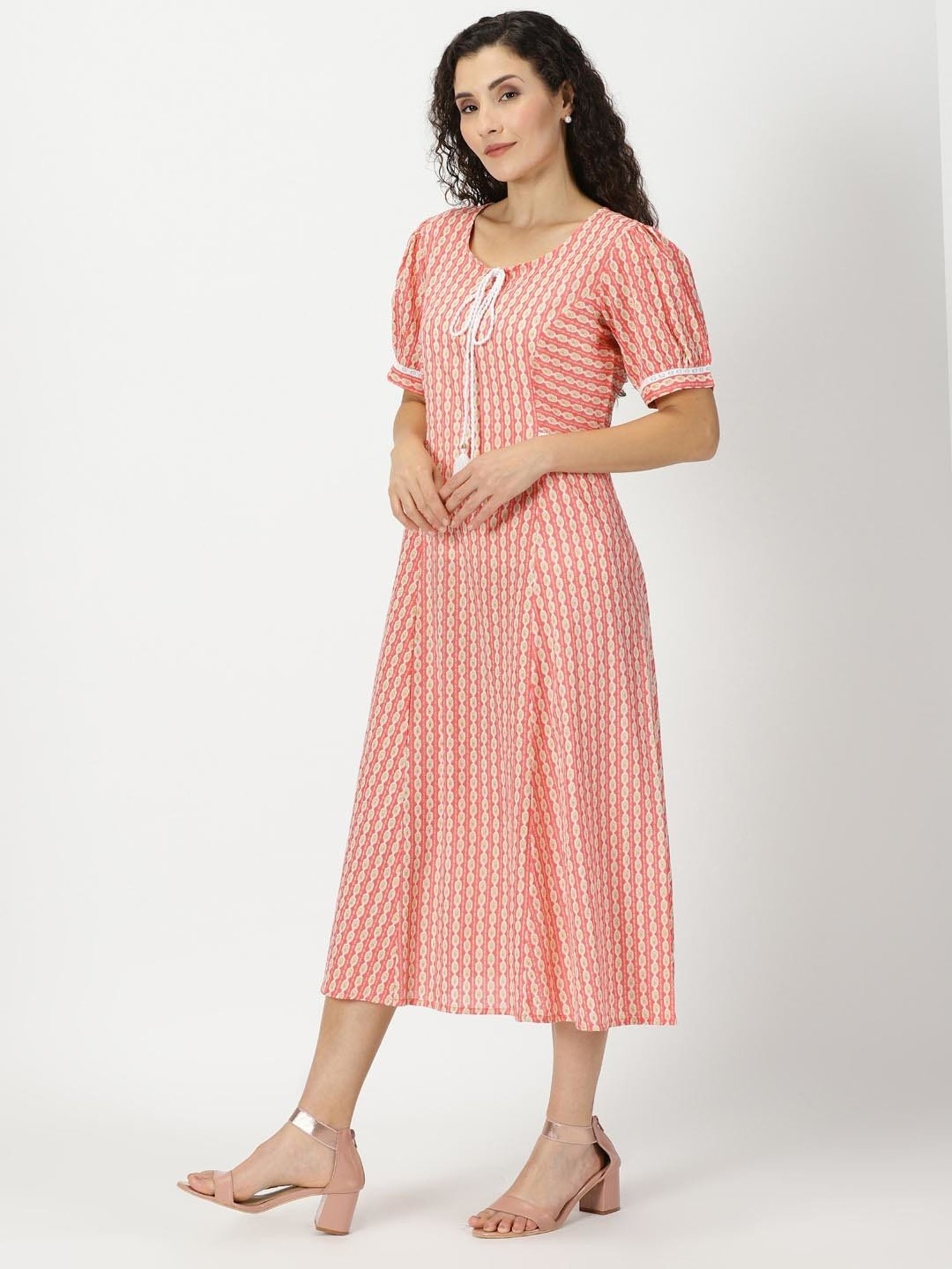 Saffron Threads Coral Cotton Printed Ethnic Dress