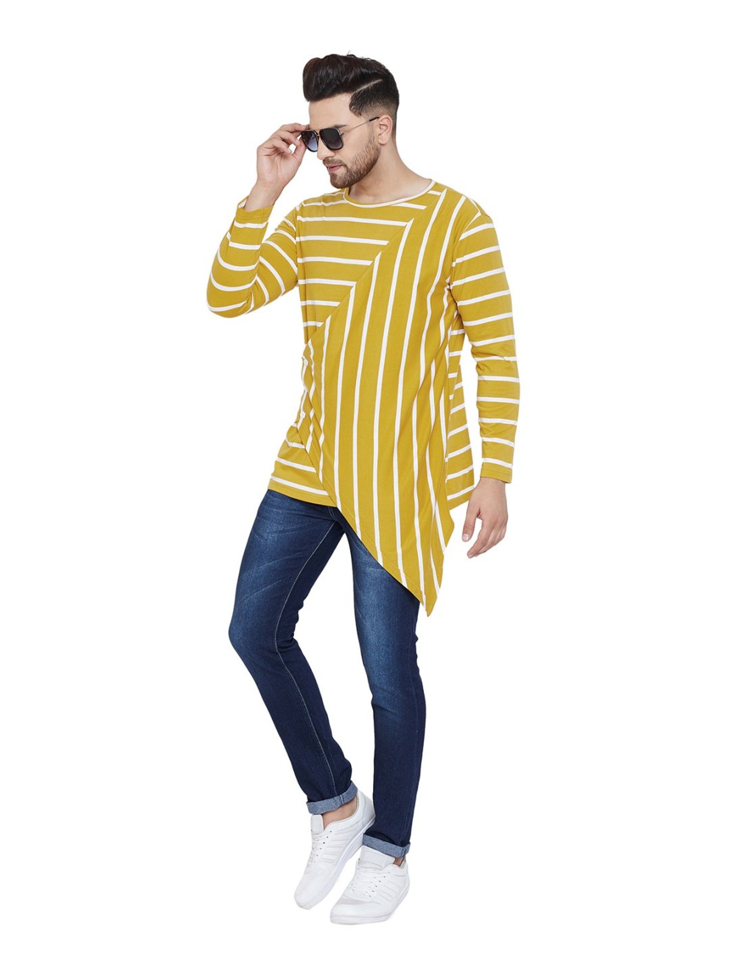 Hypernation Mustard & White Cotton Regular Fit Striped T-Shirt
