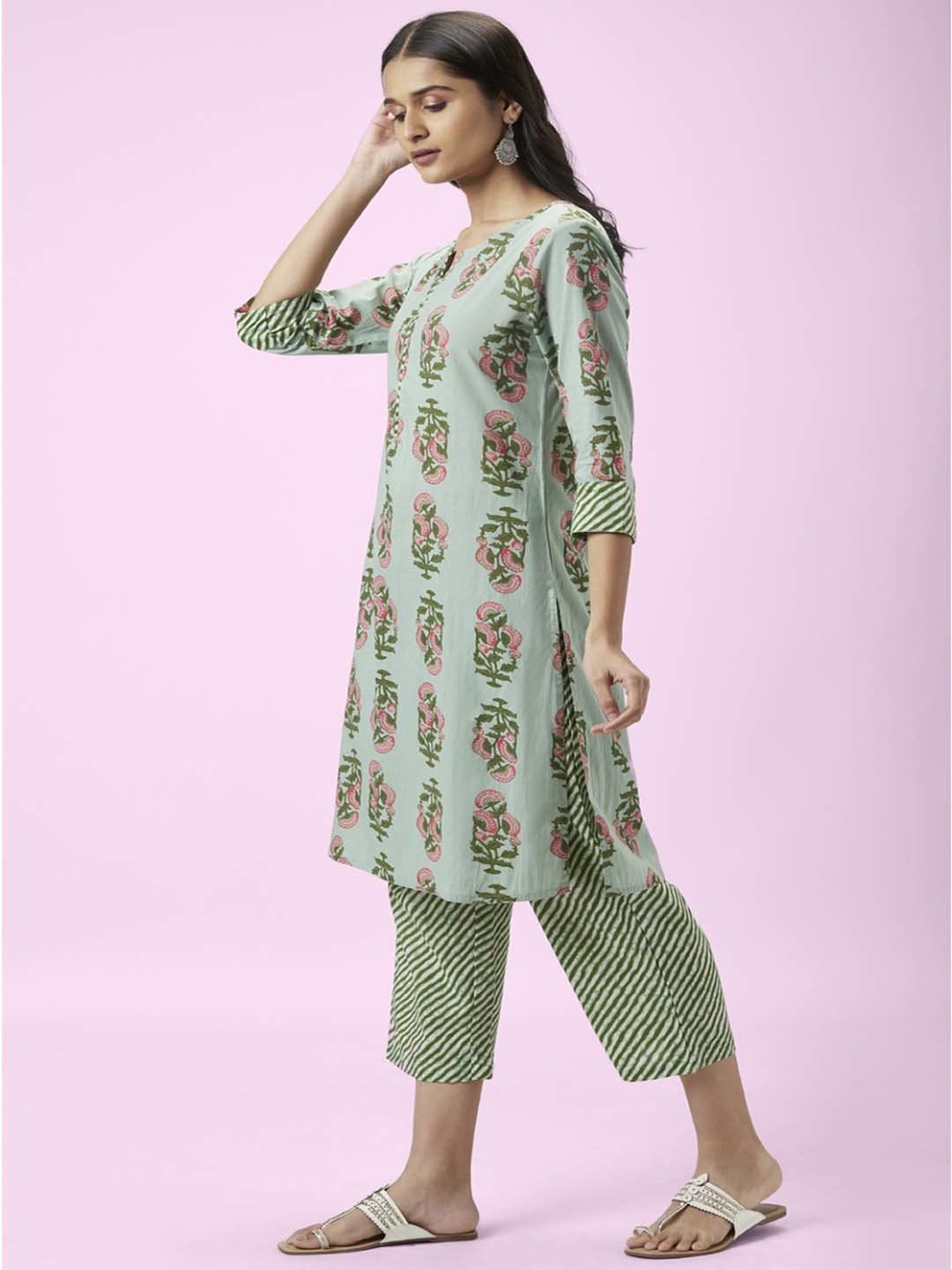 Rangmanch by Pantaloons Mint Green Cotton Floral Print Kurta Palazzo Set