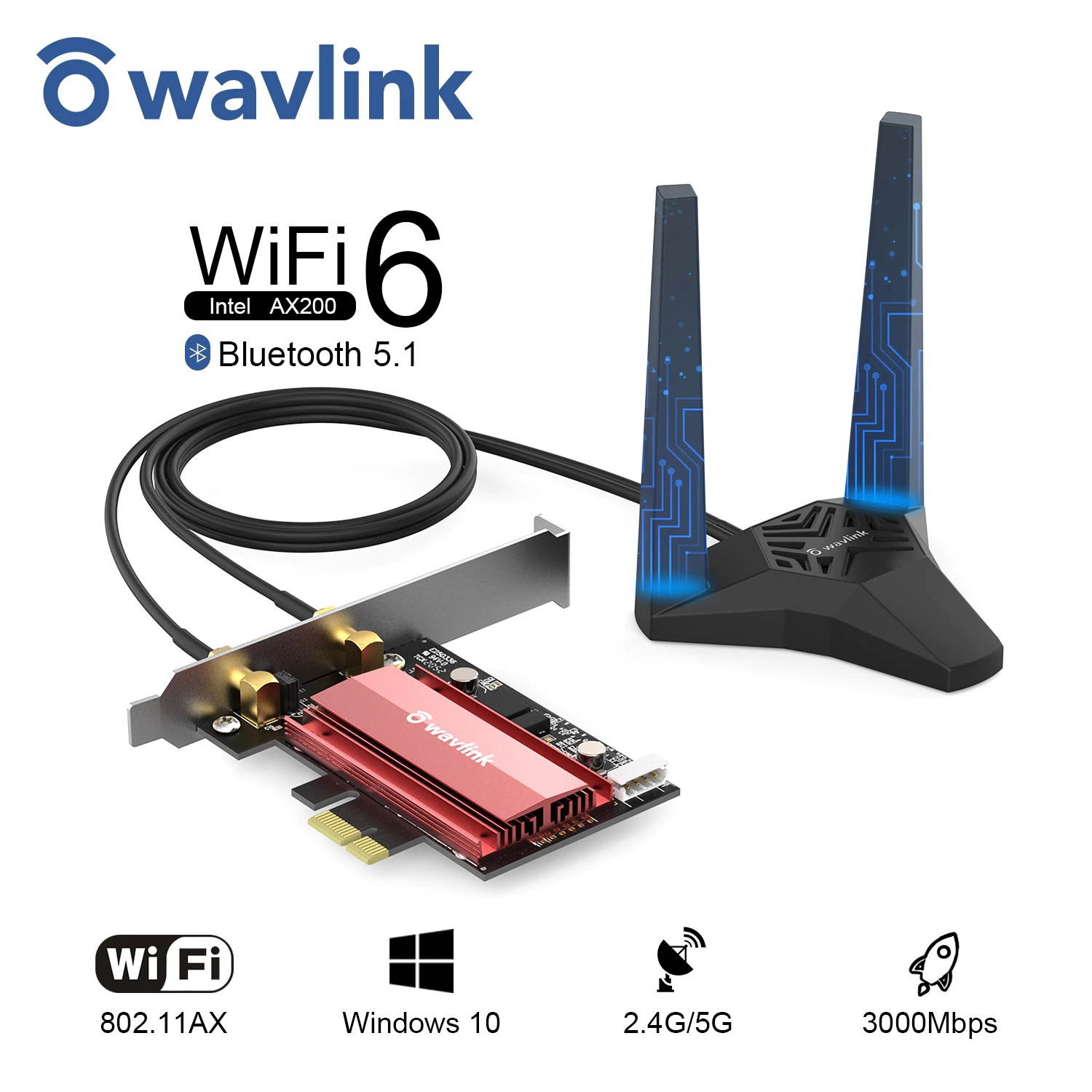Wavlink AX WiFi 6 PCIe WiFi Adapter Bluetooth5.1 for Desktop PC 3000Mbps Intel WiFi 6 AX200 Dual Band PCI Express Network Card