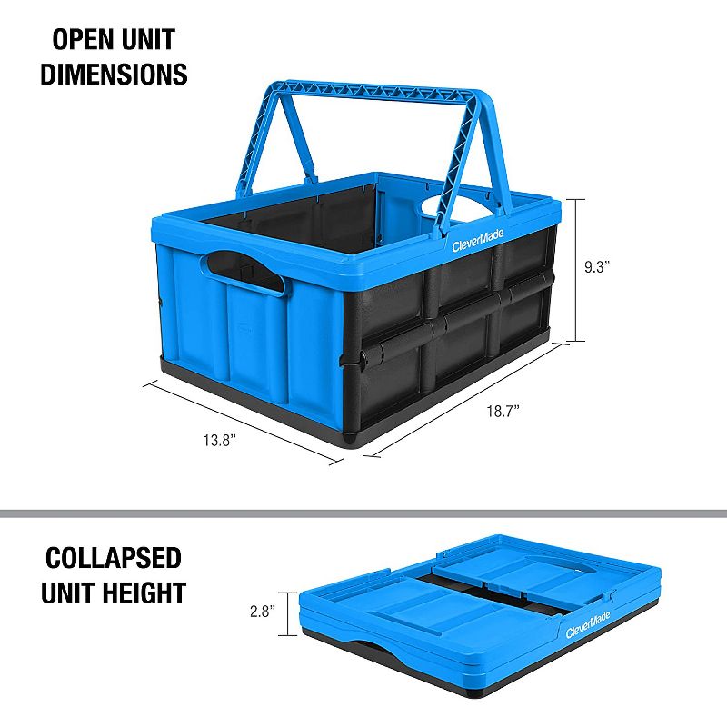 CleverMade CleverCrate Durable Plastic Stackable 32L Collapsible Shopping Basket, Neptune Blue (3-Pack)