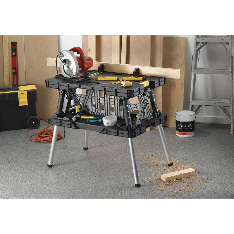 Keter 197283 Folding Portable Table Tool Stand Workbench with 2 12 Inch Wood Clamps for Miter Saws, Home Improvement, and Construction, Black & Yellow